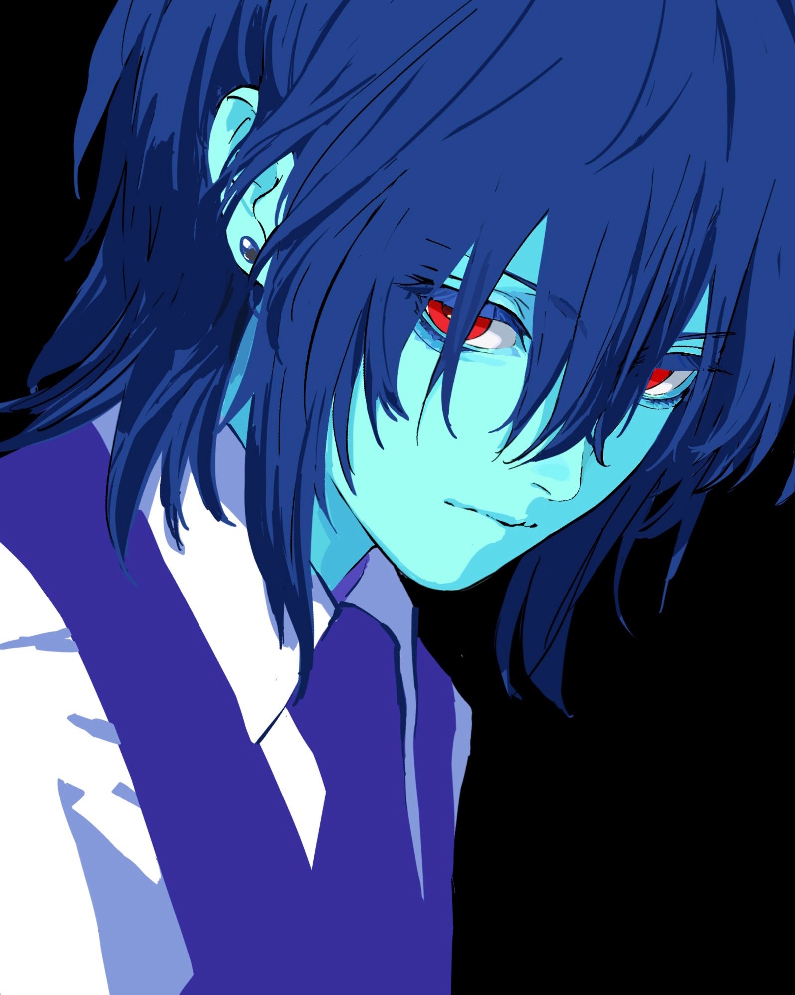 lantern madoyoi, kris (cooking show) (deltarune), kris (dark world) (deltarune), kris (deltarune), deltarune, utdr (toby fox), highres, 1other, aegyo sal, black background, blue hair, blue skin, bob cut, closed mouth, collared shirt, colored skin, double-parted bangs, earrings, eyes visible through hair, hair between eyes, jewelry, looking at viewer, necktie, other focus, purple necktie, purple vest, red eyes, shirt, short hair, simple background, solo, upper body, vest, white shirt