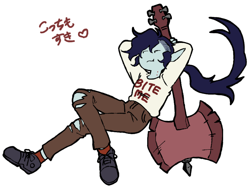 raya (uk 0128), marceline abadeer, adventure time, adventure time: distant lands, commentary request, translation request, 1girl, arms behind head, bite mark, bite mark on neck, black hair, black shoes, brown pants, closed mouth, clothes writing, colored skin, crossed legs, flat color, full body, grey skin, heart, holding, holding instrument, instrument, long hair, official alternate costume, official alternate hairstyle, pants, ponytail, red socks, shirt, shoes, simple background, socks, solo, torn clothes, torn pants, undercut, vampire, white background, white shirt