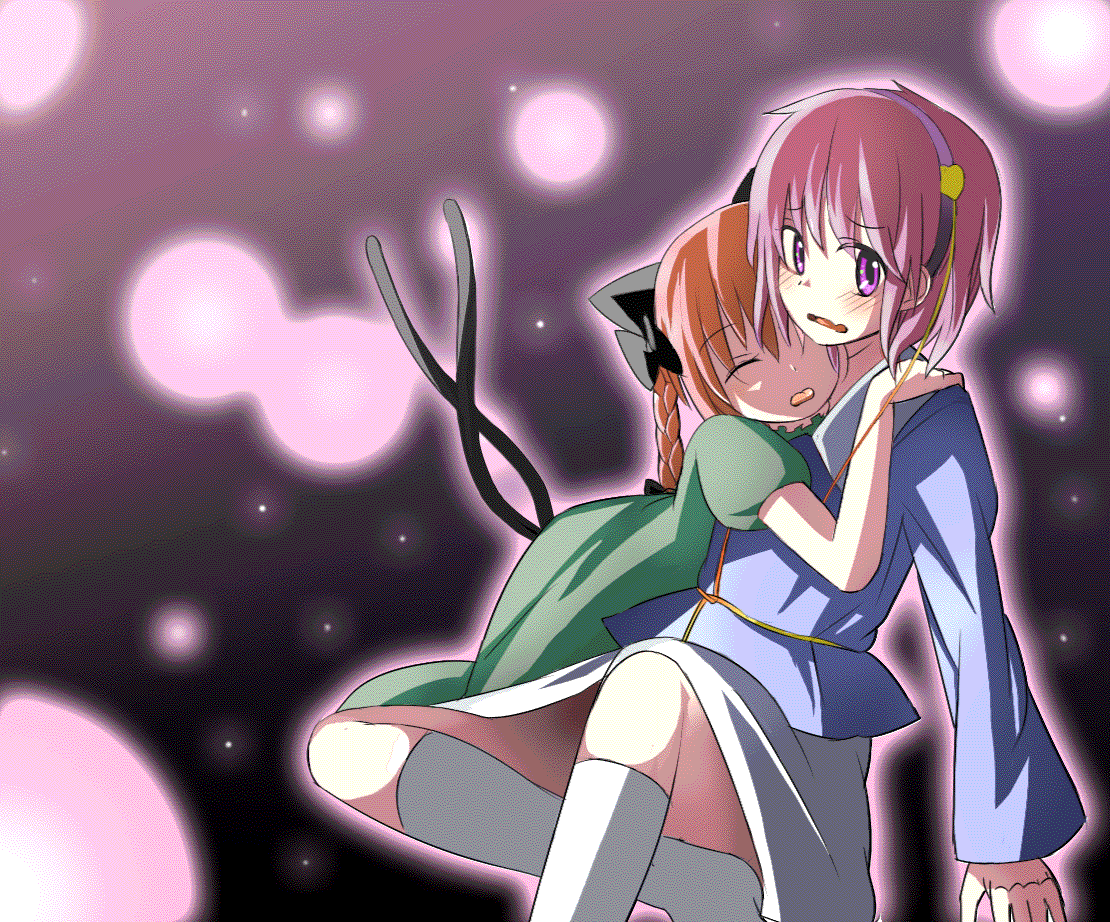 orga (pixiv), organ derwald, kaenbyou rin, komeiji satori, touhou, gif artifacts, 2girls, animal ears, blush, braid, cat ears, cat girl, cat tail, female focus, hug, multiple girls, nervous, ribbon, tail, wavy mouth, yuri
