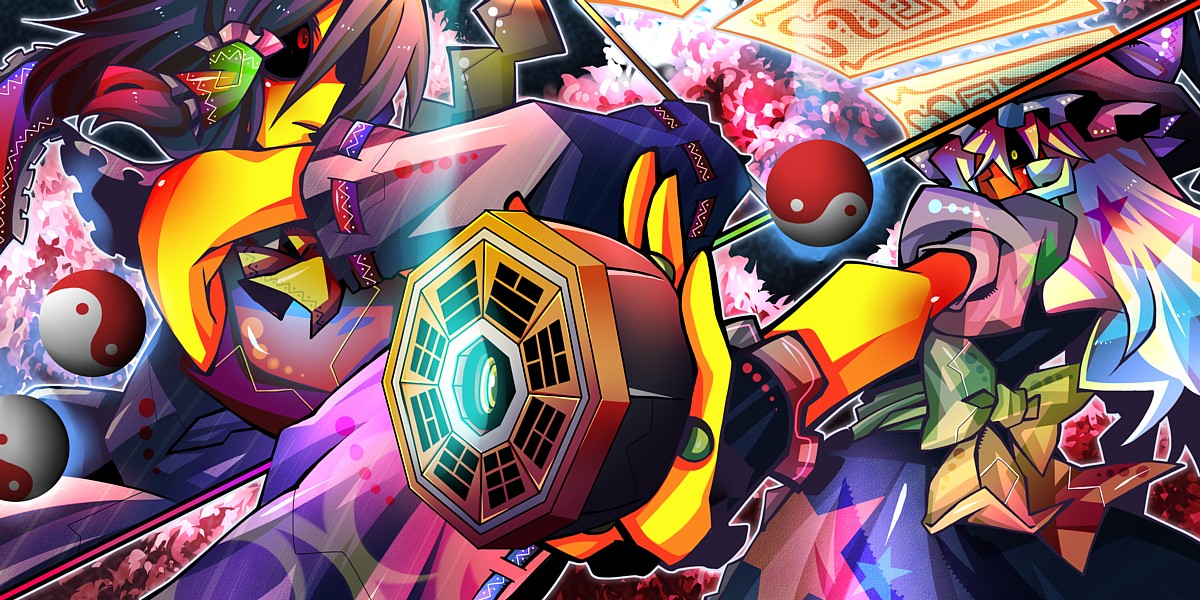 senmu (0107), hakurei reimu, kirisame marisa, touhou, 2girls, abstract, black sclera, blonde hair, colored sclera, colorful, detached sleeves, female focus, hat, japanese clothes, master spark, miko, mini-hakkero, multiple girls, witch, witch hat