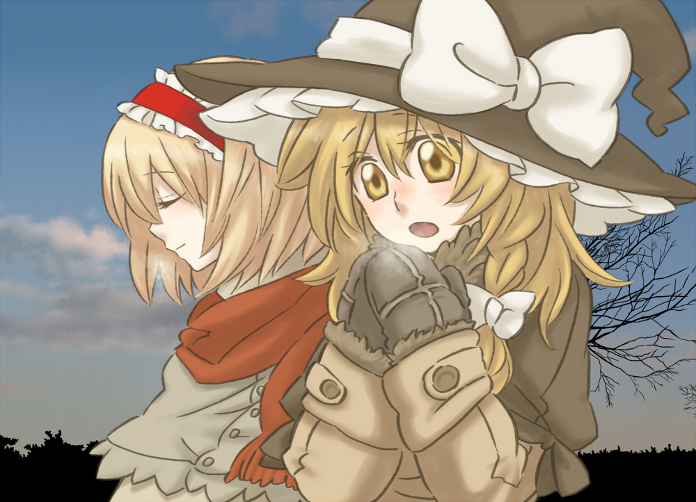 arata iri, torinone, alice margatroid, kirisame marisa, perfect cherry blossom, touhou, 2girls, blonde hair, braid, female focus, gloves, hairband, hat, multiple girls, scarf, short hair, witch, witch hat, yellow eyes