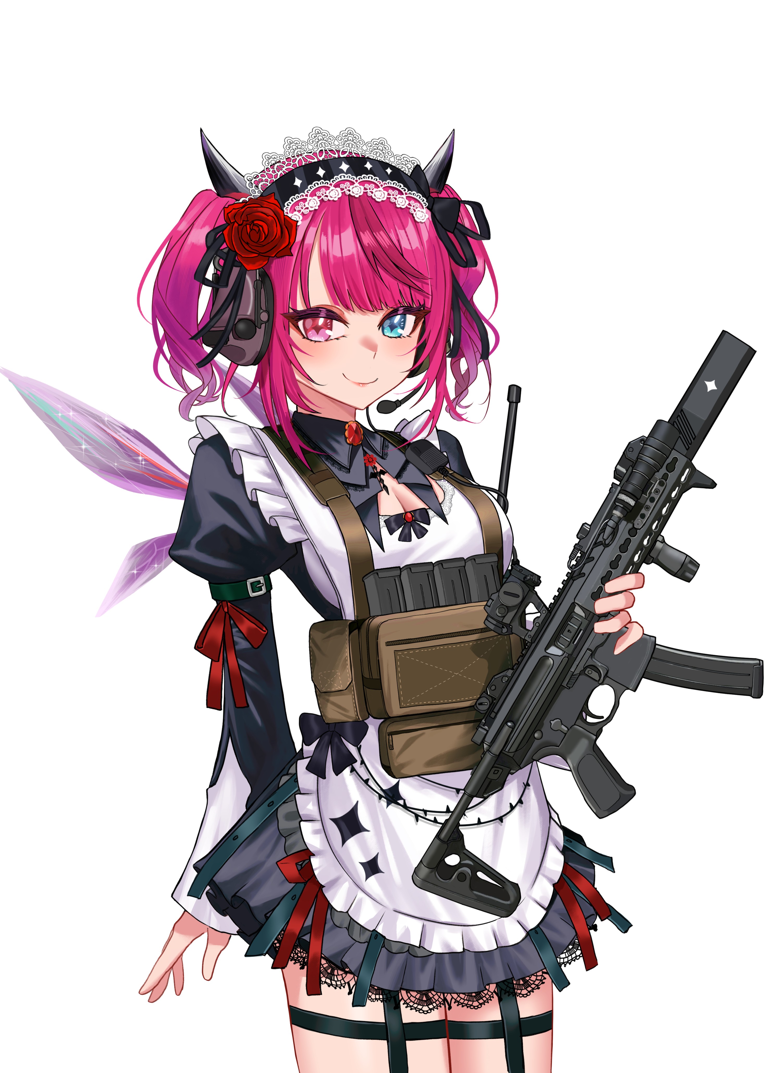 chrispy tuna, irys (hololive), irys (maid) (hololive), hololive, hololive english, absurdres, commentary, english commentary, highres, 1girl, apron, black dress, black headdress, blue eyes, blunt bangs, brooch, closed mouth, crinoline, crystal wings, dress, frilled apron, frills, gun, heterochromia, holding, holding gun, holding weapon, horns, jewelry, juliet sleeves, lace-trimmed collar, lace-trimmed headdress, lace trim, long sleeves, looking at viewer, magazine (weapon), maid, maid apron, official alternate costume, official alternate hairstyle, pointy ears, puffy sleeves, purple eyes, purple hair, red hair, short hair, sig mpx, simple background, smile, solo, standing, submachine gun, thigh strap, twintails, utility vest, vest, virtual youtuber, weapon, white background, wings