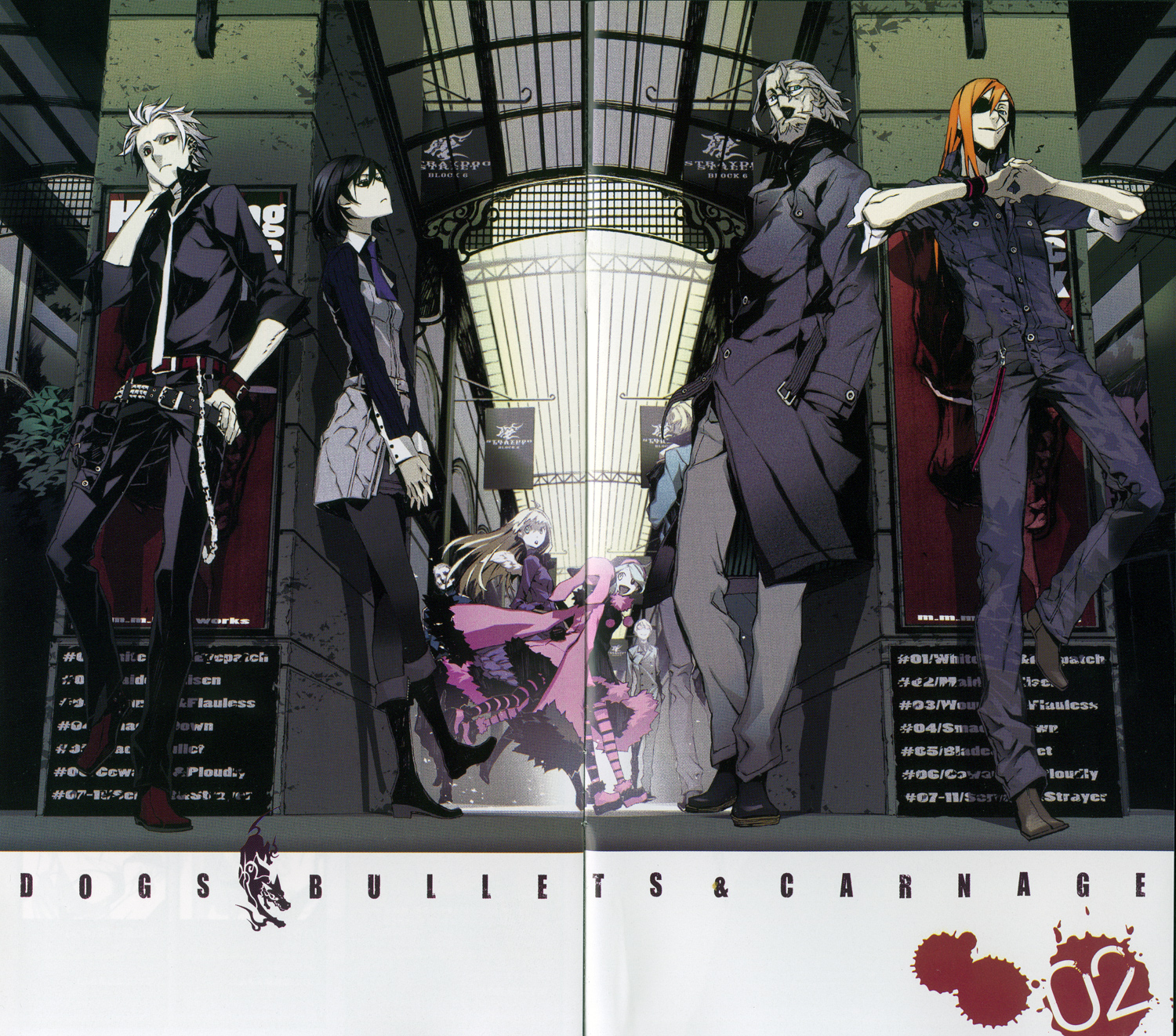 miwa shirow, badou nails, fuyumine naoto, giovanni, giovanni (dogs), haine rammsteiner, luki, mihai mihaeroff, nill, noki, dogs: bullets & carnage, striped legwear, highres, official art, scan, 4girls, 6+boys, albino, beard, belt, blonde hair, chain, cigarette, coat, everyone, facial hair, glasses, grey hair, group picture, long hair, multiple boys, multiple girls, necktie, pantyhose, short hair, smoking, striped clothes, striped pantyhose, studded belt, trench coat, white hair, wings
