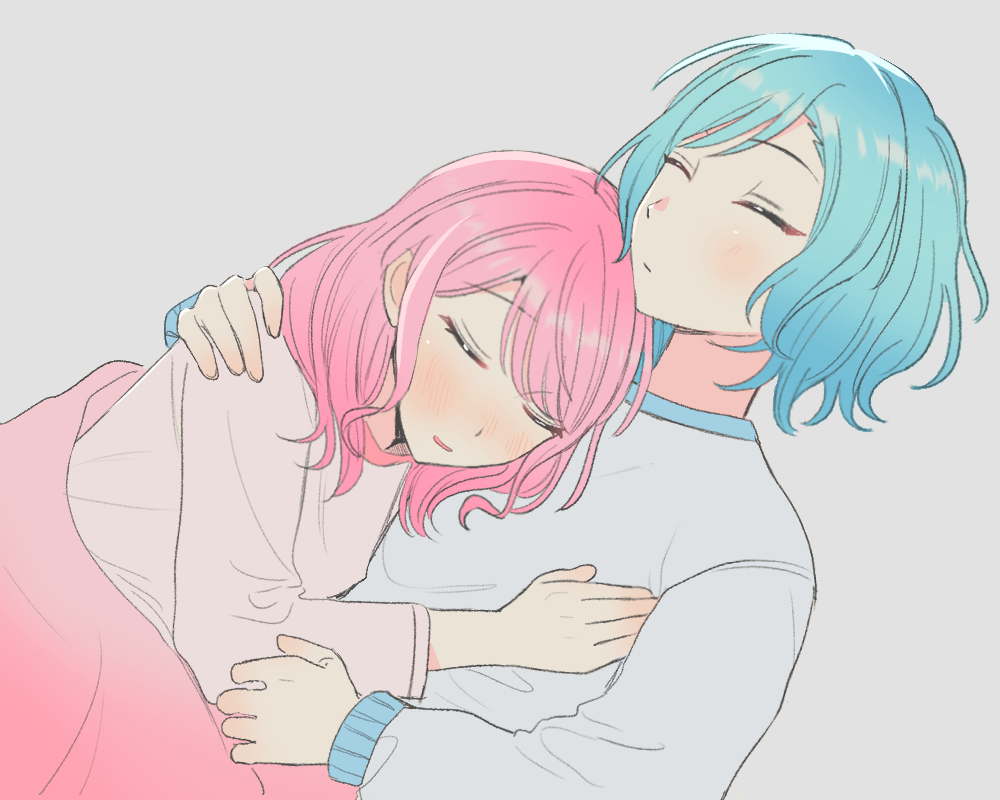 chieh, hikawa hina, maruyama aya, bang dream!, commentary, symbol-only commentary, 2girls, blue hair, blue shirt, blush, closed eyes, closed mouth, cuddling, grey background, hand on another's shoulder, multiple girls, parted lips, pink shirt, shirt, short hair, simple background, sleeping, under covers, yuri