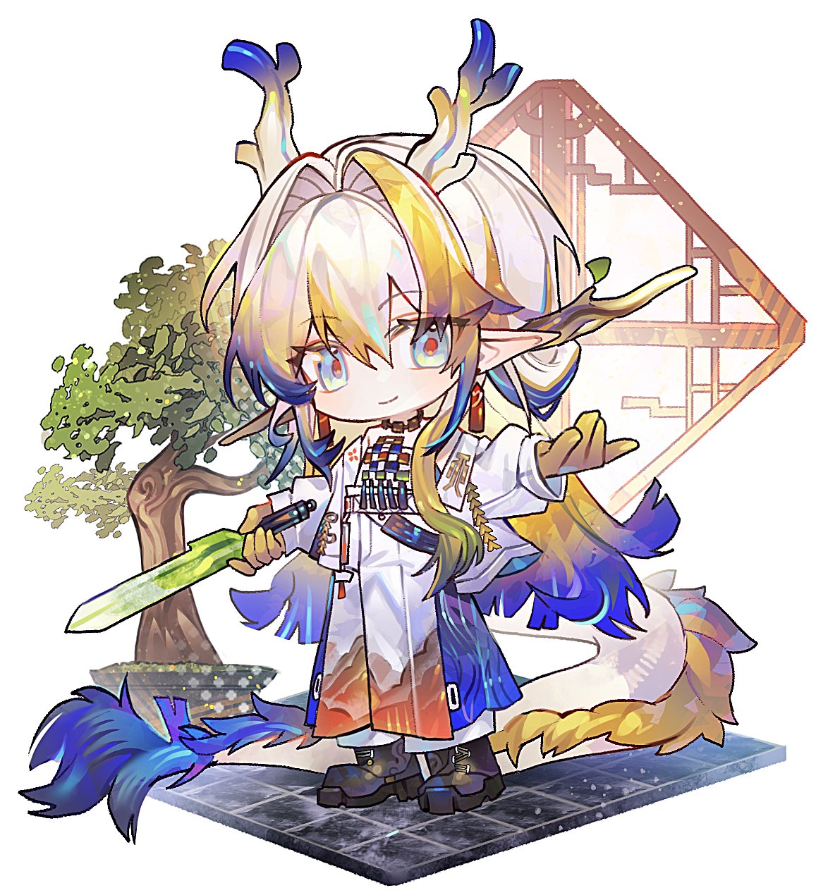 yeonan, shu (arknights), arknights, highres, 1girl, blue eyes, boots, chibi, colored skin, dragon horns, dragon tail, green hair, green skin, hair between eyes, hair intakes, hair ornament, hair stick, holding, holding scepter, horns, jacket, long hair, long sleeves, looking at viewer, multicolored hair, multicolored horns, open clothes, open jacket, pants, pointy ears, purple hair, scepter, shirt, sidelocks, sleeveless, sleeveless shirt, smile, solo, tail, white background, white hair, white jacket, white pants, white shirt