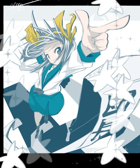 hissatsukun, suzumiya haruhi, suzumiya haruhi no yuuutsu, 00s, 1girl, blue theme, female focus, hairband, looking at viewer, monochrome, school uniform, serafuku, short hair, simple background, solo, spot color, white background