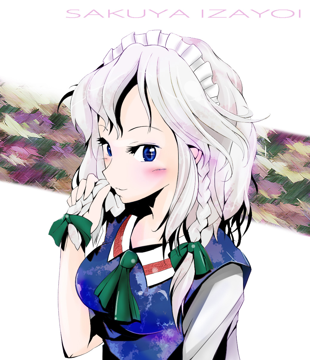 hissatsukun, izayoi sakuya, touhou, silver hair, highres, 1girl, blue eyes, blush, braid, breasts, female focus, maid, ribbon, ruffling hair, shy, solo, twin braids, upper body, white background
