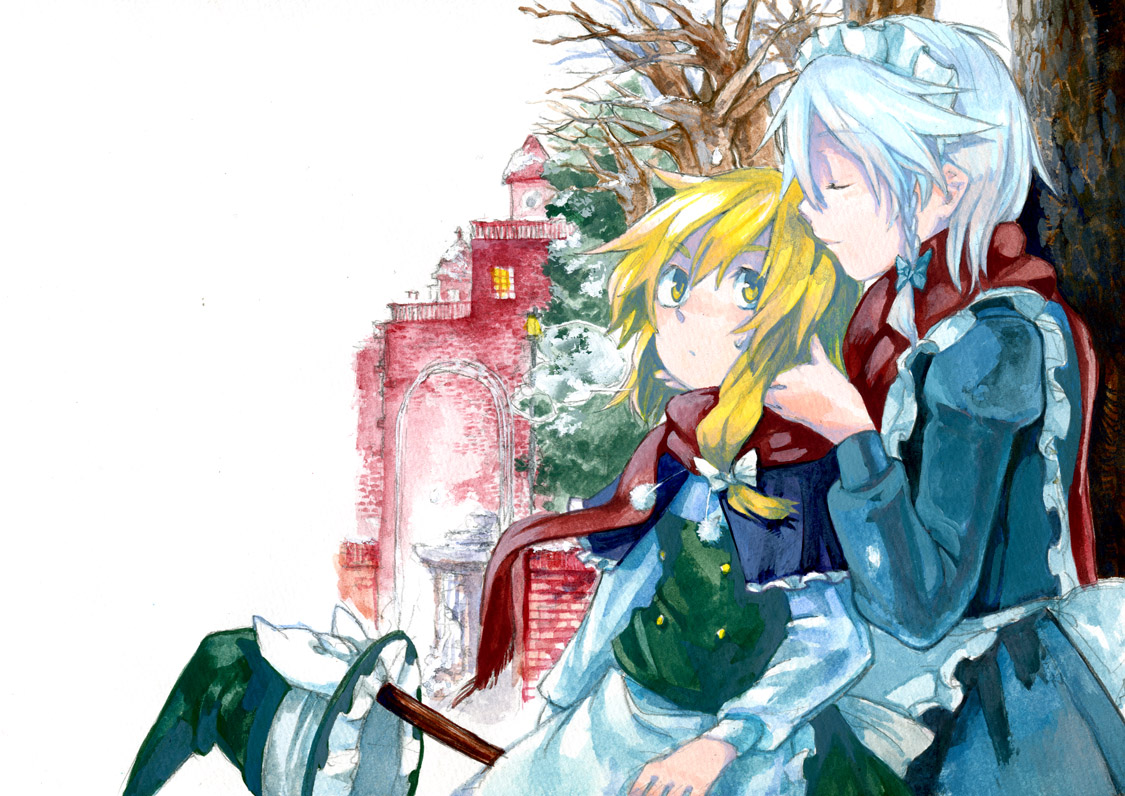 takishima asaka, izayoi sakuya, kirisame marisa, perfect cherry blossom, touhou, silver hair, bad id, 2girls, blonde hair, female focus, hairband, hat, multiple girls, ribbon, scarf, short hair, yellow eyes