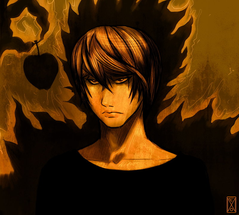 neonirvana, ryuk, yagami light, death note, 00s, 1boy, apple, brown hair, food, frown, fruit, male focus, male hand, monochrome, shinigami, silhouette, solo