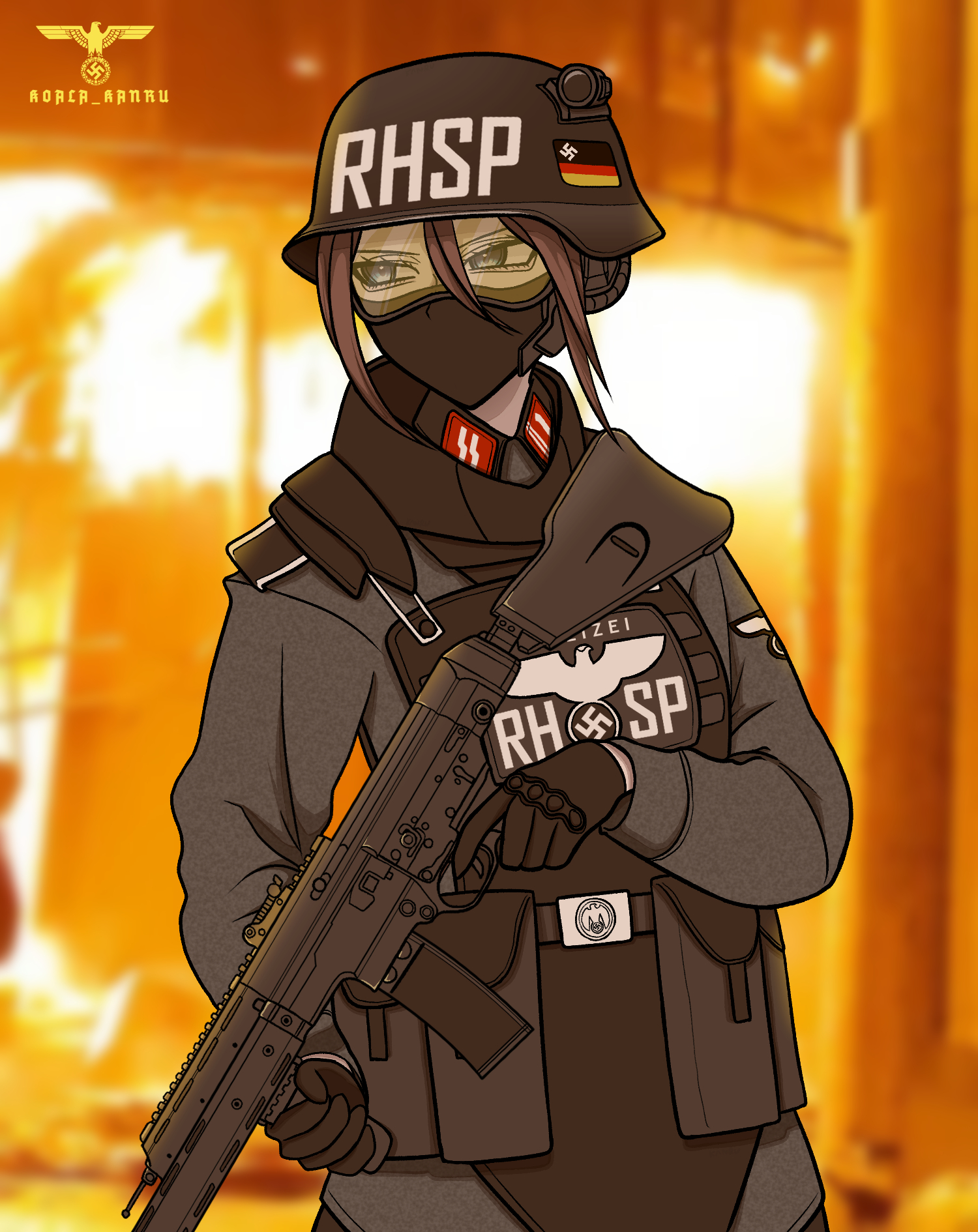 koalakanru, original, highres, 1girl, ammunition pouch, assault rifle, belt buckle, black gloves, body armor, brown hair, buckle, fire, german flag, german text, gloves, goggles, gun, helmet, holding, holding weapon, mask, military, military uniform, mouth mask, nazi, police, pouch, reichsadler, rifle, short hair, solo, swastika, waffen-ss, weapon
