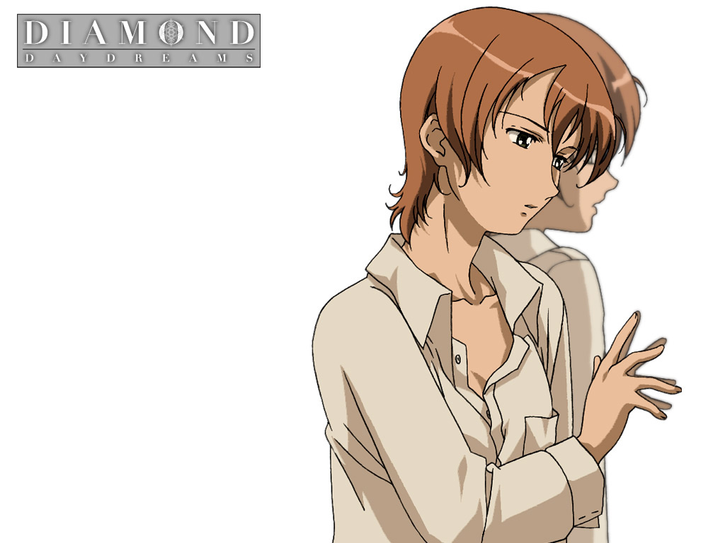 saibara shouko (kita e), kita e, 00s, 1girl, afterimage, collar, collarbone, collared shirt, dress shirt, female focus, long sleeves, reflection, shirt, simple background, solo, unbuttoned, upper body, white background