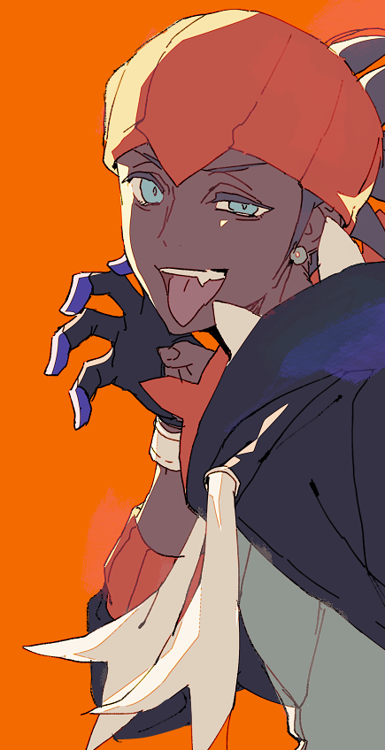 harurie, raihan (pokemon), nintendo, pokemon, pokemon swsh, 1boy, black gloves, black hair, black hoodie, blue eyes, claw pose, dark-skinned male, dark skin, fang, gloves, headband, hood, hoodie, jewelry, looking at viewer, male focus, open mouth, orange background, orange headband, partially fingerless gloves, simple background, solo, tongue, tongue out, upper body