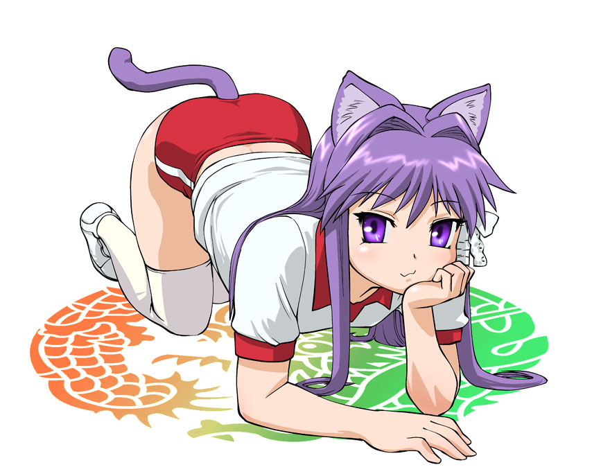 ueyama michirou, fujibayashi kyou, clannad, 00s, all fours, animal ears, buruma, cat ears, cat tail, full body, gym uniform, hair intakes, hair spread out, head rest, purple eyes, purple hair, solo, tail, thighhighs, white thighhighs