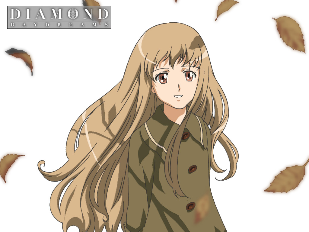 shiraishi karin, kita e, 00s, 1girl, brown eyes, brown hair, coat, female focus, happy, leaf, long hair, simple background, smile, solo, teeth, wind
