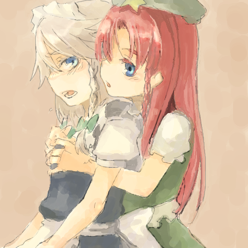 takishima asaka, hong meiling, izayoi sakuya, embodiment of scarlet devil, touhou, silver hair, lowres, 2girls, blue eyes, braid, breasts, female focus, grabbing another's breast, groping, hairband, hat, long hair, maid, multiple girls, open mouth, red hair, ribbon, short hair, simple background, small breasts, standing, yuri