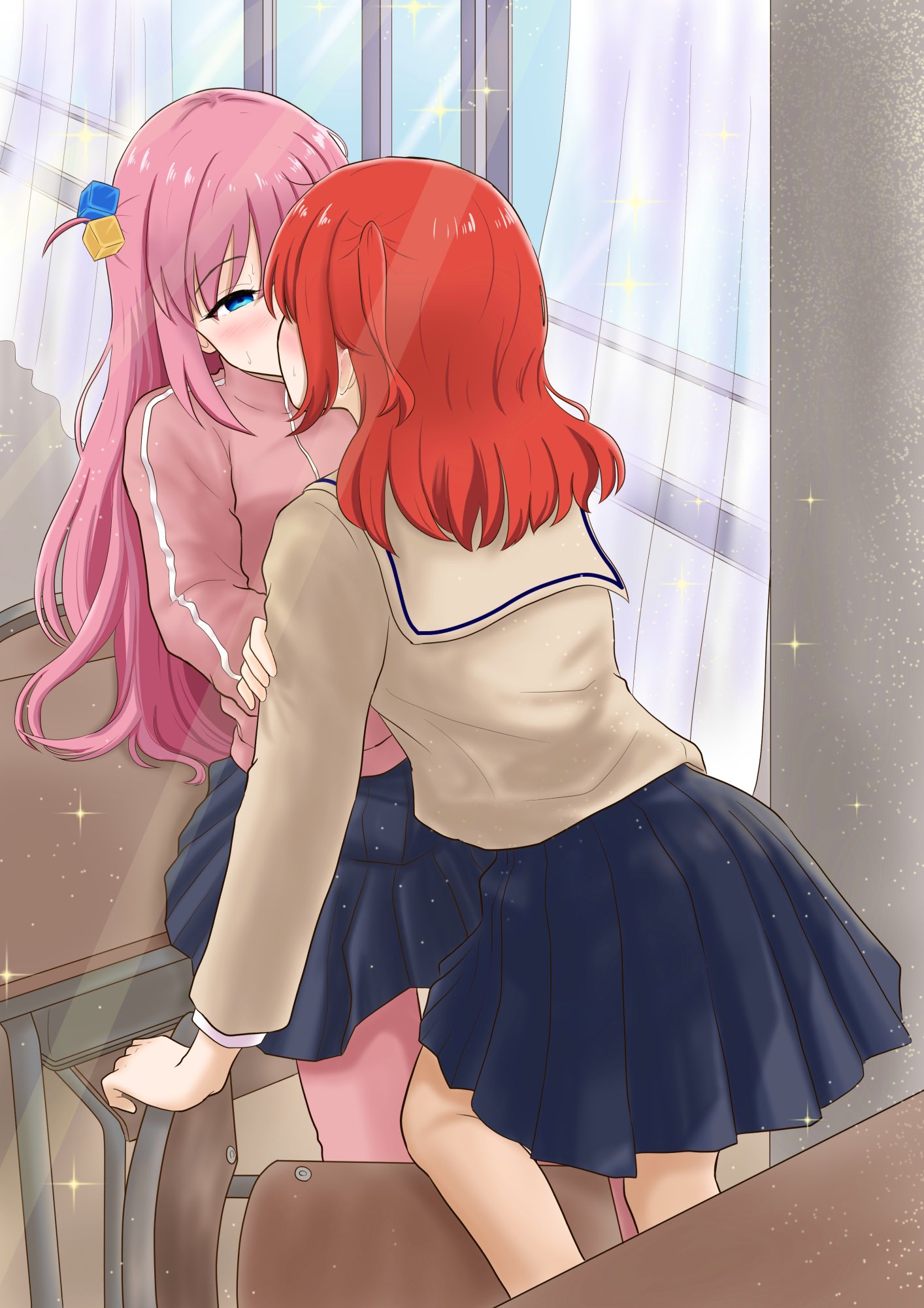 yukiyama3776m, gotoh hitori, kita ikuyo, bocchi the rock!, commentary request, highres, 2girls, black skirt, blue eyes, blush, brown shirt, chair, classroom, cube hair ornament, curtains, desk, hair ornament, half-closed eyes, hand on another's arm, jacket, kiss, long hair, multiple girls, on desk, pink hair, pink jacket, pink track suit, red hair, sailor collar, school chair, school desk, school uniform, shirt, shuka high school uniform, side ahoge, side ponytail, sitting, skirt, sweat, track suit, white sailor collar, yuri