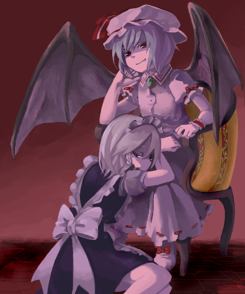 takishima asaka, izayoi sakuya, remilia scarlet, touhou, silver hair, 2girls, bat wings, blue hair, female focus, gradient background, hairband, hat, maid, multiple girls, red eyes, ribbon, short hair, smile, wings