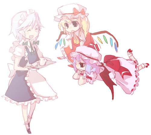 takishima asaka, flandre scarlet, izayoi sakuya, remilia scarlet, touhou, light, silver hair, lowres, 3girls, ^ ^, apron, bat wings, blonde hair, blue hair, closed eyes, female focus, hairband, hat, maid, maid apron, mob cap, multiple girls, ribbon, short hair, white background, wings