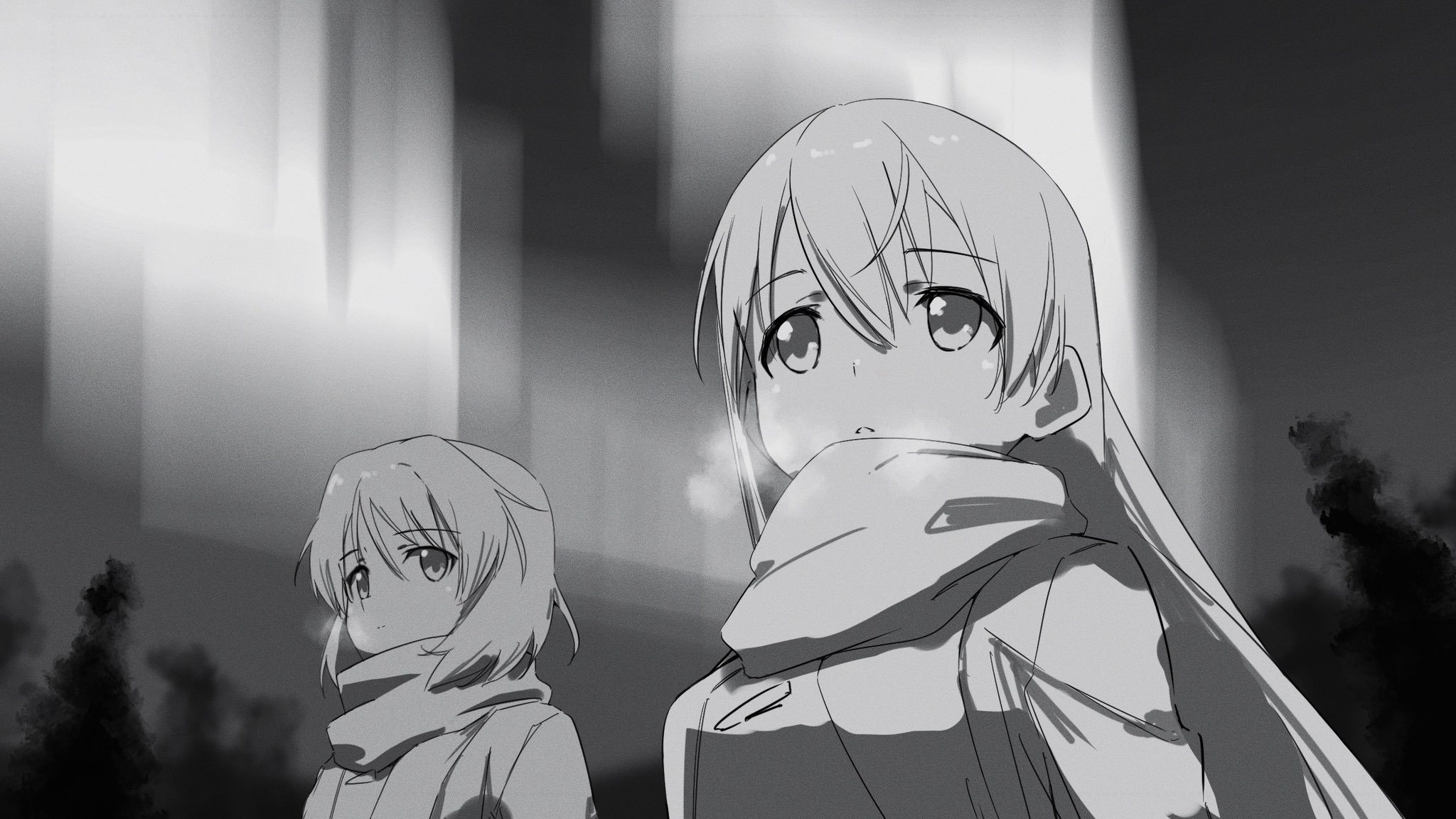 eila ilmatar juutilainen, sanya v. litvyak, strike witches, world witches series, highres, 2girls, aurora, blurry, blurry background, chromatic aberration, expressionless, hmd 1800, jacket, long hair, looking at another, looking to the side, monochrome, multiple girls, outdoors, scarf, short hair, tree, upper body
