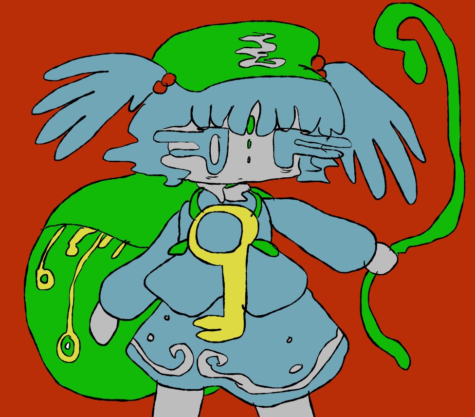 hado fun, kawashiro nitori, mountain of faith, touhou, 1girl, abstract, backpack, bag, bags under eyes, beads, blue eyes, blue hair, blue shirt, blue skirt, distortion, hair beads, hair ornament, high contrast, holding, jewelry, key, key necklace, limited palette, looking afar, mutation, necklace, red background, shirt, short twintails, simple background, skirt, solo, standing, twintails