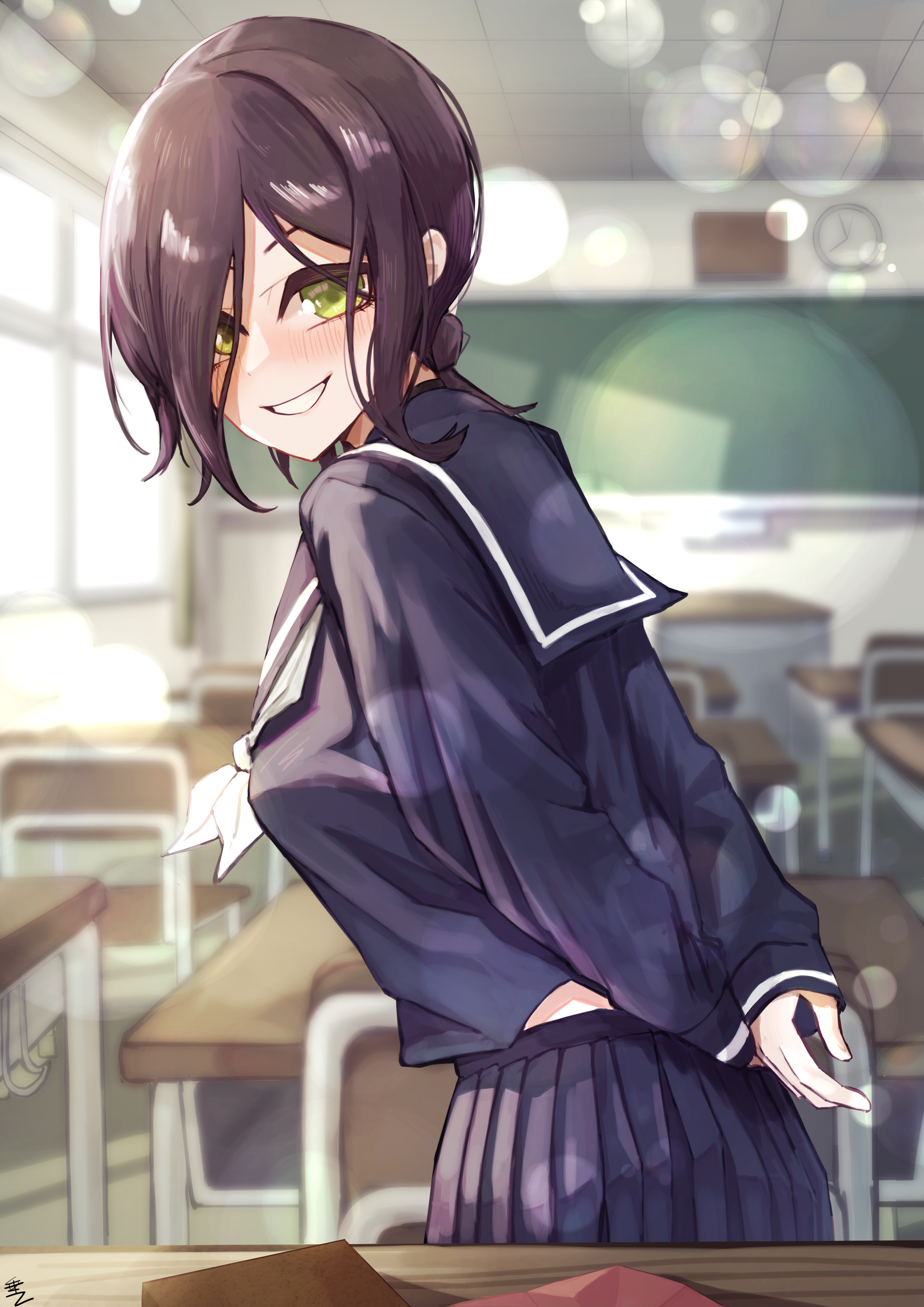 tare negima, denji (chainsaw man), reze (chainsaw man), chainsaw man, absurdres, commentary request, highres, alternate costume, arms behind back, black hair, blue serafuku, blurry, blurry background, blush, box, breasts, chair, chalkboard, classroom, clock, desk, gift, gift box, green eyes, indoors, long sleeves, midriff peek, neckerchief, own hands together, pleated skirt, pov across table, school chair, school desk, school uniform, serafuku, sidelighting, signature, skirt, small breasts, smile, sunlight, valentine, wall clock, white neckerchief