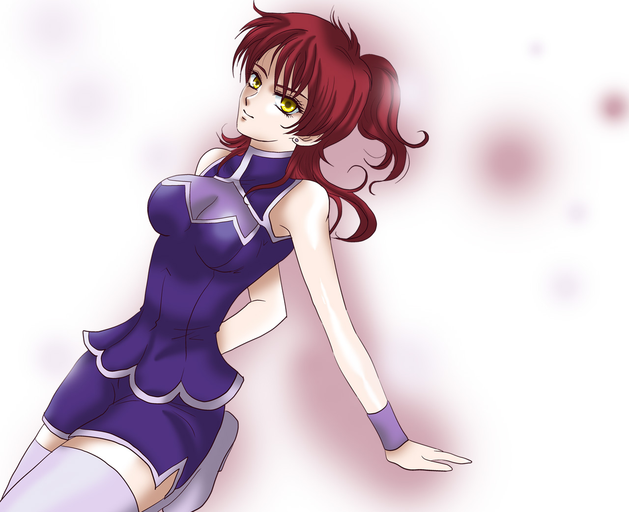 milano-s, nena trinity, gundam, gundam 00, 00s, 1girl, boots, breasts, cleavage, female focus, large breasts, red hair, shorts, side ponytail, solo, thigh boots, thighhighs, yellow eyes, zettai ryouiki