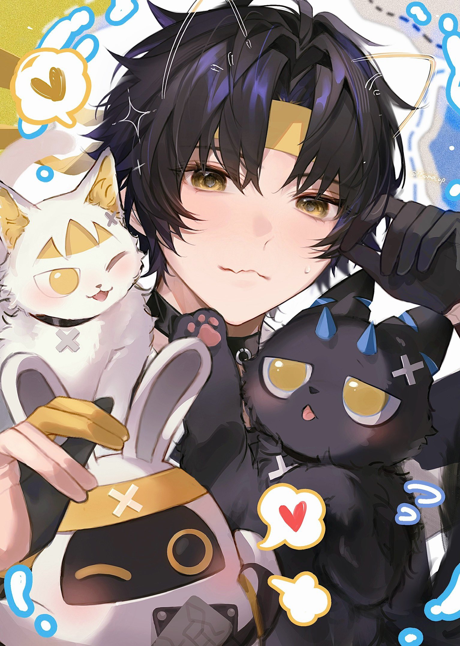 asuma up, asaba harumasa, asaboo (zenless zone zero), zenless zone zero, commentary, highres, symbol-only commentary, !, 1boy, 3others, animal, animal ear fluff, animal ears, animal hands, asymmetrical gloves, black cat, black gloves, black hair, blue horns, blush, cat, cat ears, cat tail, choker, closed mouth, dotted line, fang, fangs, gloves, hair between eyes, half gloves, hand in own hair, head tilt, headband, heart, horns, looking at another, looking at viewer, mismatched gloves, multiple others, one eye closed, parted bangs, shirt, short hair, single half glove, skin fang, sparkle, spoken heart, sweat, tail, tongue, tongue out, white background, white cat, white shirt, yellow eyes, yellow gloves, yellow headband