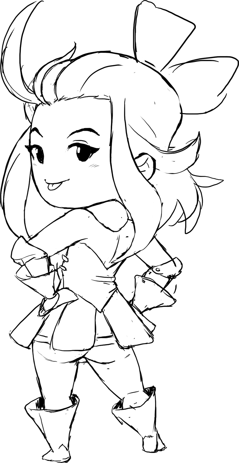 teevo, edea lee, bravely default (series), ass, bow, chibi, hair bow, hair ribbon, hands on own hips, looking at viewer, looking back, ribbon, sketch, skirt, tongue, tongue out