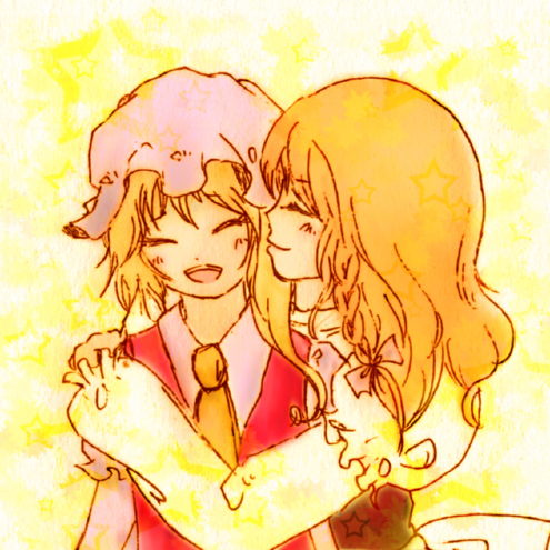 momoko (pixiv219000), flandre scarlet, kirisame marisa, touhou, bad id, bad pixiv id, lowres, 2girls, blonde hair, braid, female focus, hug, multiple girls, smile