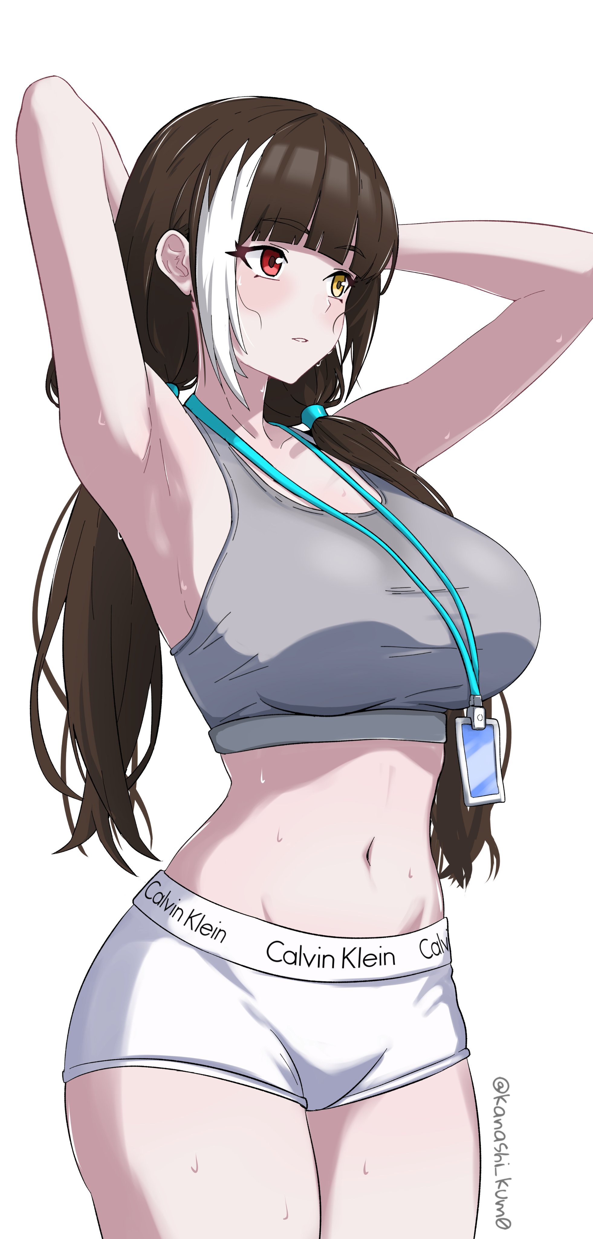 kanashi kum0, ro635 (girls' frontline), robella (girls' frontline 2), calvin klein, girls' frontline, girls' frontline 2: exilium, absurdres, commentary, english commentary, highres, 1girl, alternate costume, armpits, arms behind head, arms up, artist name, breasts, brown hair, grey sports bra, heterochromia, low twintails, multicolored hair, navel, parted lips, red eyes, solo, sports bra, sweat, twintails, twitter username, two-tone hair, white hair, yellow eyes
