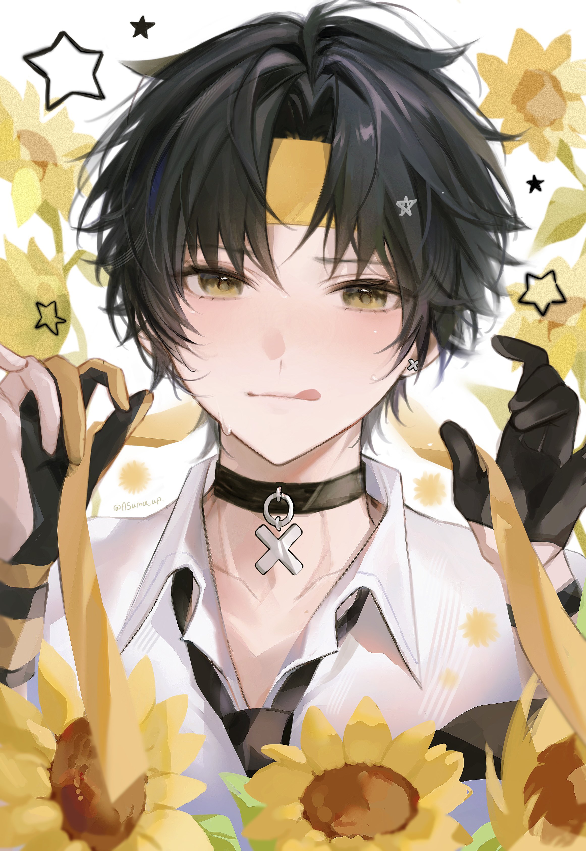 asuma up, asaba harumasa, zenless zone zero, absurdres, highres, 1boy, asymmetrical gloves, black gloves, black hair, black necktie, blush, choker, closed mouth, collarbone, earrings, flower, gloves, hair between eyes, half gloves, headband, jewelry, looking at viewer, male focus, mismatched gloves, necktie, parted bangs, short hair, single half glove, solo, star (symbol), sunflower, sweat, tongue, tongue out, white background, wristband, yellow eyes, yellow gloves, yellow headband
