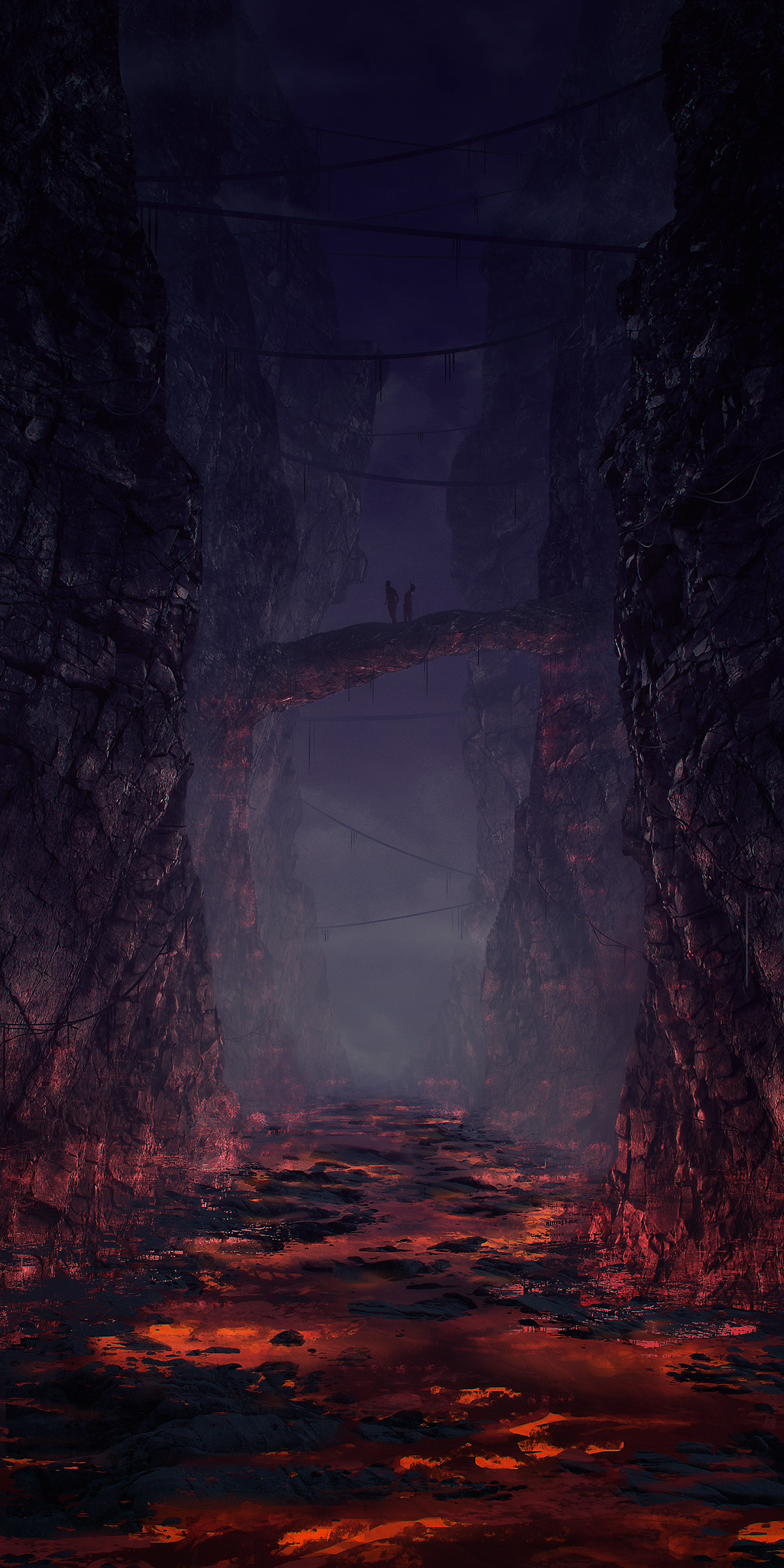 theadamtaylor, original, absurdres, highres, 2others, bridge, dark, lava, multiple others, plant, ravine, scenery, underground, vines