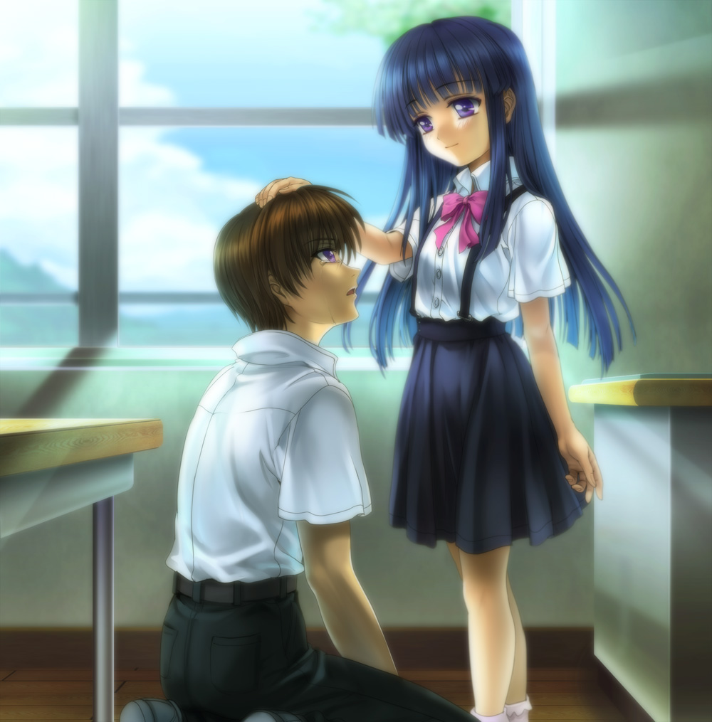 mutsuki (moonknives), ryukishi07, furude rika, maebara keiichi, higurashi no naku koro ni, 00s, 1boy, 1girl, age difference, blue hair, bow, headpat, long hair, pink bow, purple eyes, school uniform, tears, teenage boy and younger girl