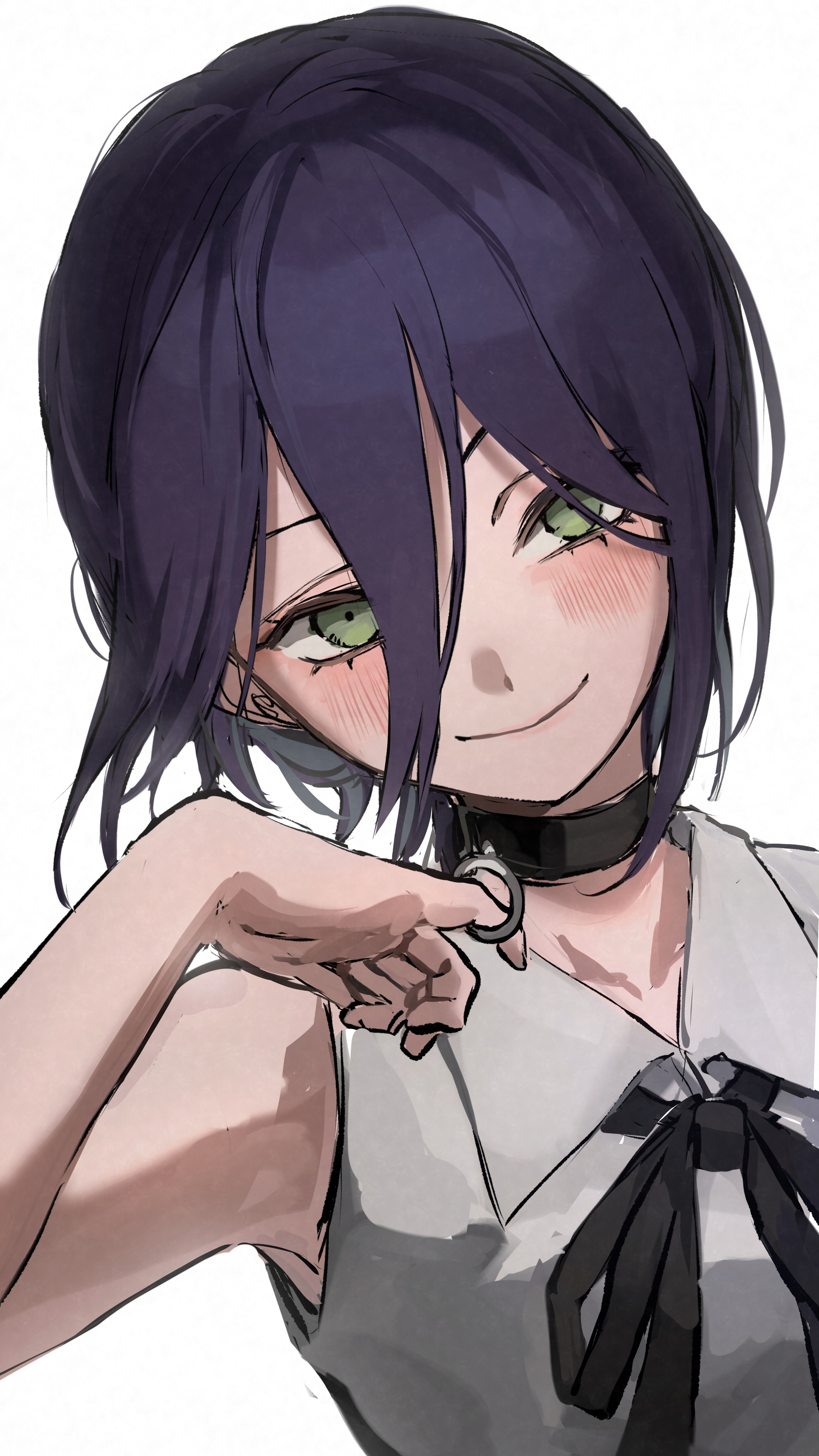 banyan, reze (chainsaw man), chainsaw man, absurdres, commentary, highres, armpits, black choker, black ribbon, blush, choker, collared shirt, dutch angle, green eyes, grenade pin, hair between eyes, long hair between eyes, looking at viewer, neck ribbon, purple hair, ribbon, shirt, simple background, sleeveless, sleeveless shirt, smile, upper body, white background, white shirt