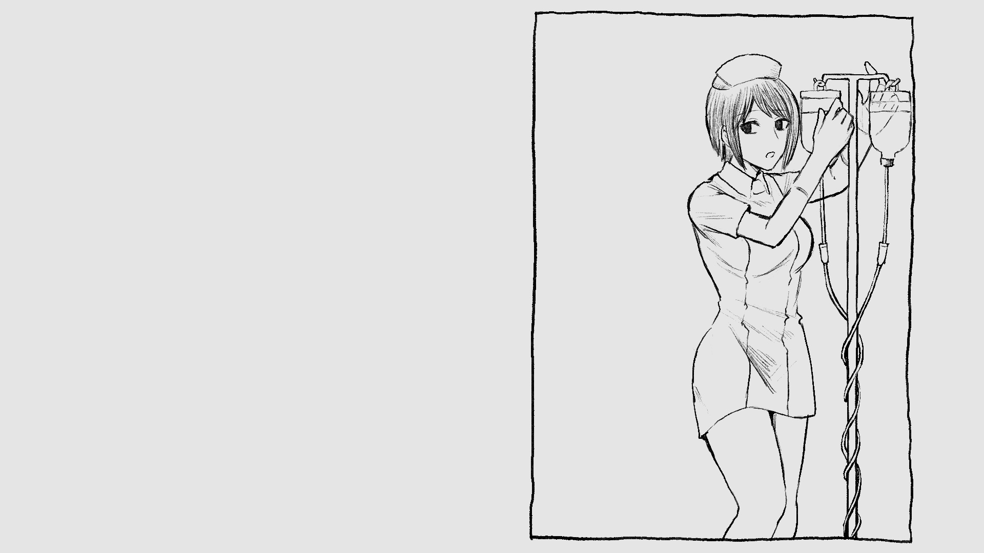 kashiran, amamiya (sakusei byoutou), numajiri (sakusei byoutou), sakusei byoutou, highres, 1girl, :o, bob cut, go go ghost ship, greyscale, hat, intravenous drip, monochrome, nurse, nurse cap, open mouth, parody, short hair, sidelocks