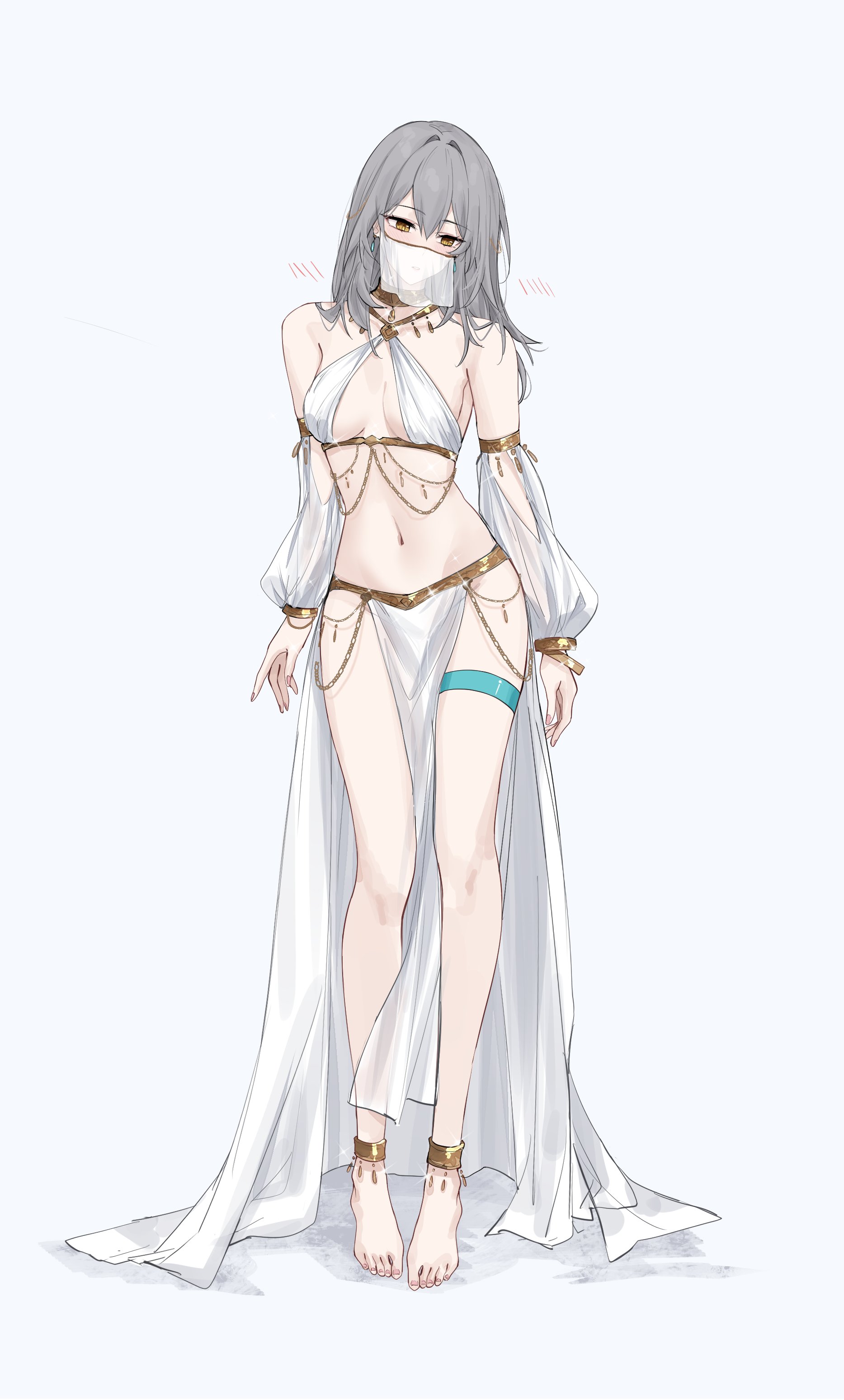 feint721, stelle (honkai: star rail), trailblazer (honkai: star rail), honkai: star rail, honkai (series), absurdres, commentary, english commentary, highres, 1girl, alternate costume, barefoot, breasts, feet, grey hair, harem outfit, looking at viewer, medium breasts, medium hair, mouth veil, navel, pelvic curtain, simple background, solo, stomach, thigh strap, toes, veil, white background, yellow eyes