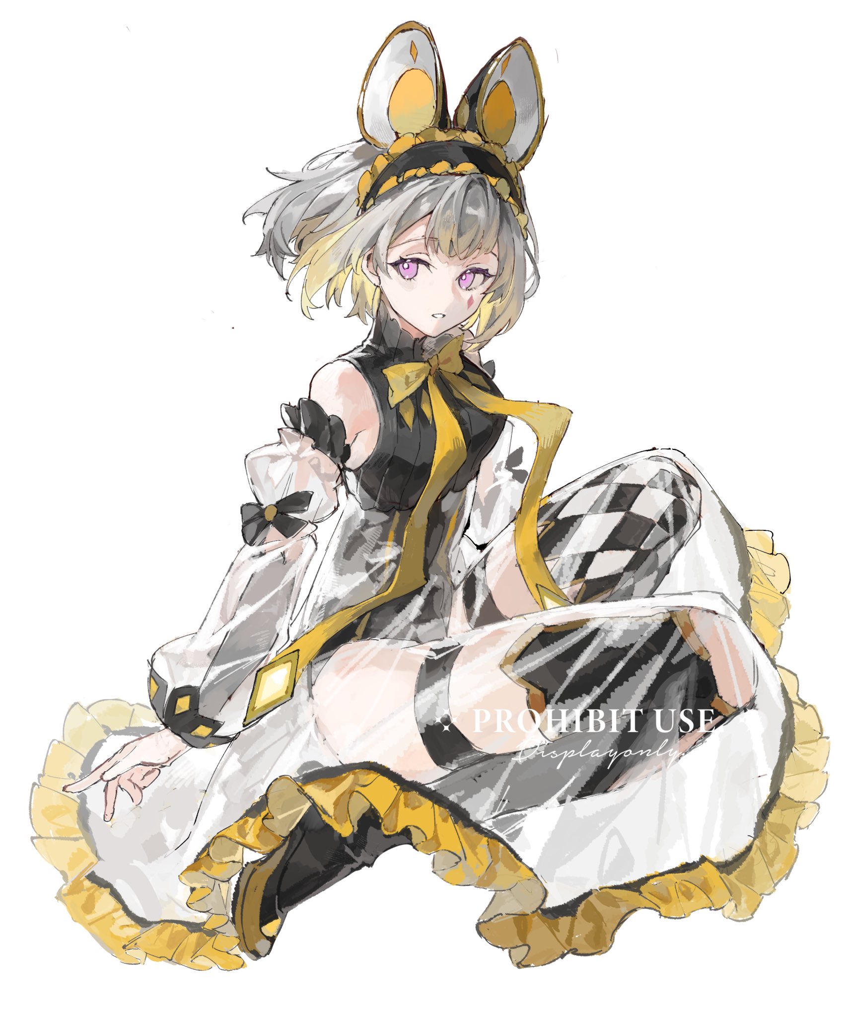 liiiyeee, maliss <p> dormouse, yu-gi-oh!, highres, 1girl, black boots, black leotard, blue eyes, boots, detached sleeves, diamond facial mark, dress, duel monster, facial mark, frilled hairband, frills, gradient hair, green hair, grey hair, hairband, leotard, looking at viewer, multicolored hair, parted lips, see-through clothes, see-through dress, see-through sleeves, simple background, solo, thigh boots, thigh strap, watermark, white background