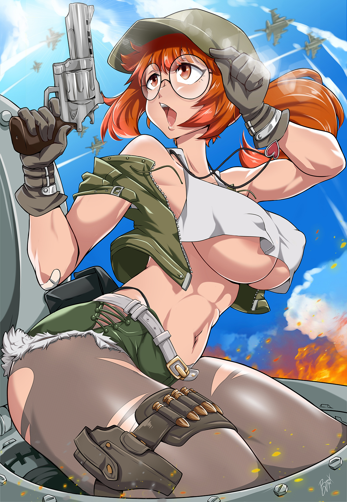 bayeuxman, fio germi, metal slug, highres, 1girl, :o, abs, aircraft, airplane, areola slip, ass, bandaid, bare shoulders, baseball cap, belt, breasts, covered erect nipples, crop top, cutoffs, fighter jet, fire, from below, glasses, gloves, green shorts, gun, handgun, hat, hat tip, heart, heart necklace, heart pendant, holster, jacket, jewelry, large breasts, looking up, medium hair, military, military jacket, military vehicle, motor vehicle, navel, necklace, off shoulder, open clothes, open jacket, open mouth, outdoors, pantyhose, pantyhose under shorts, ponytail, red eyes, red hair, revolver, round eyewear, sagging breasts, shorts, sidelocks, signature, sky, soldier, solo focus, stomach, tank, tank top, thick thighs, thigh holster, thighs, thong, toned, torn clothes, torn pantyhose, underboob, weapon, white belt, white tank top