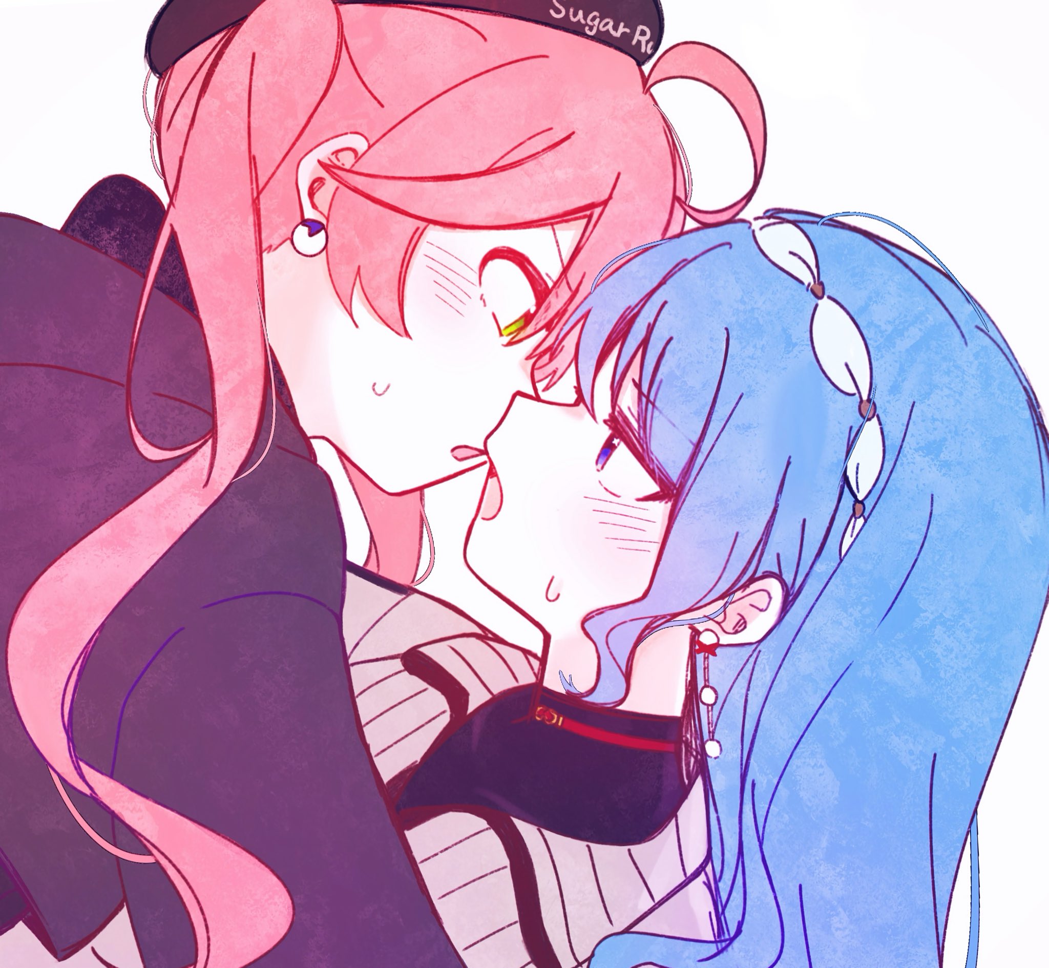 yumi5469, hoshimachi suisei, hoshimachi suisei (micomet), sakura miko, sakura miko (micomet), hololive, highres, 2girls, black hoodie, blue eyes, blue hair, blush, earrings, eye contact, green eyes, hood, hoodie, jewelry, long hair, looking at another, multiple girls, official alternate costume, open mouth, pink hair, simple background, sweat, upper body, white background, yuri