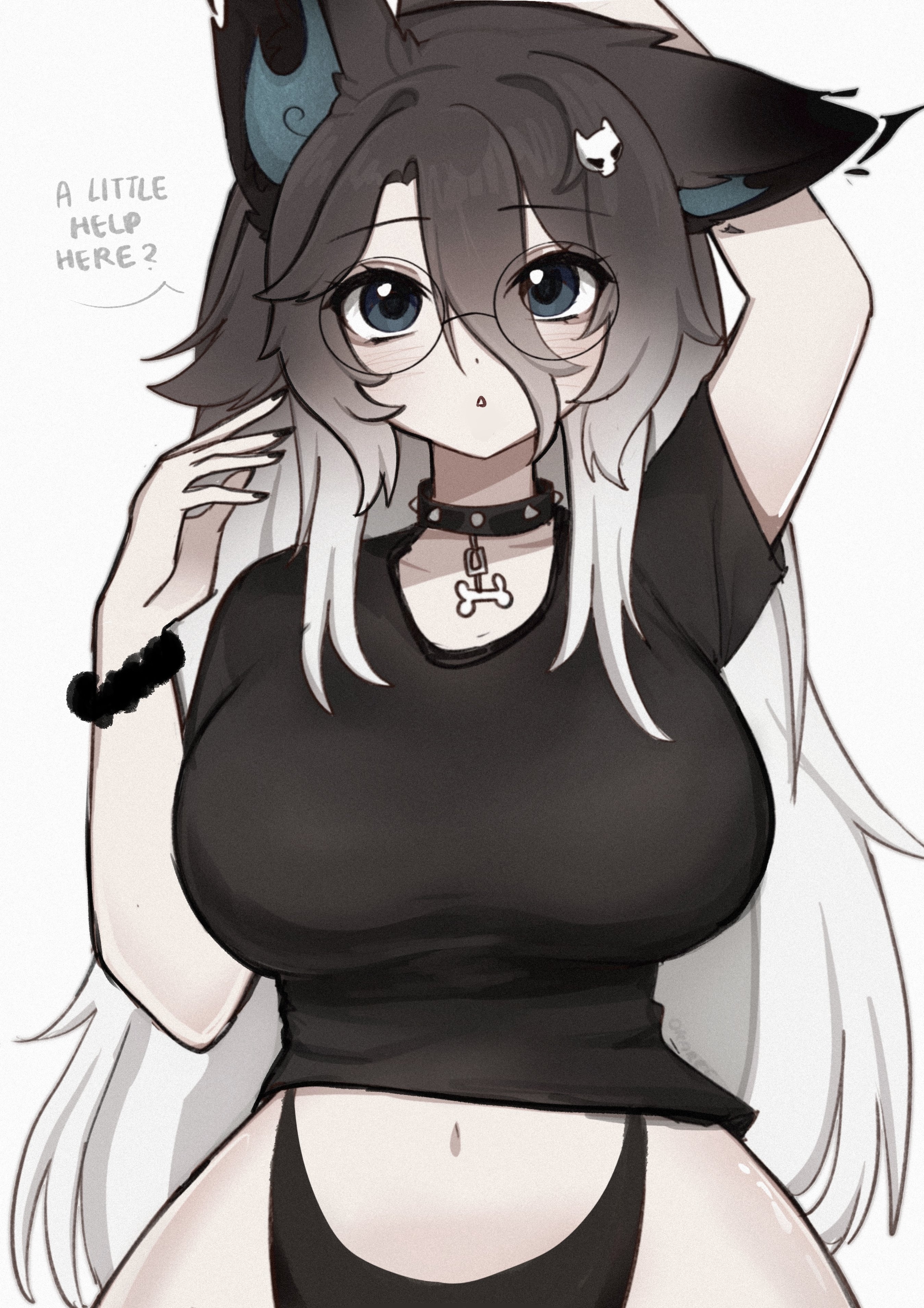 okariin, original, absurdres, highres, animal ears, black shirt, blue eyes, blush, bracelet, breasts, choker, eyebrows hidden by hair, eyes visible through hair, facing viewer, glasses, grey hair, hair ornament, highleg, highleg panties, jewelry, large breasts, long hair, looking at viewer, navel, open mouth, pale skin, panties, round eyewear, shirt, sitting, skull hair ornament, solo, spiked choker, spikes, underwear, very long hair, white hair, wolf ears, wolf girl