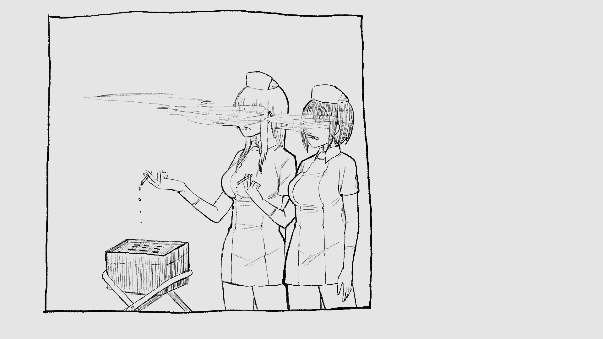 kashiran, tachibana (sakusei byoutou), yamaguchi (sakusei byoutou), highres, 2girls, blowing smoke, cigarette, gloves, go go ghost ship, greyscale, hat, holding, holding cigarette, long hair, monochrome, multiple girls, nurse, nurse cap, parody, sidelocks, smoking