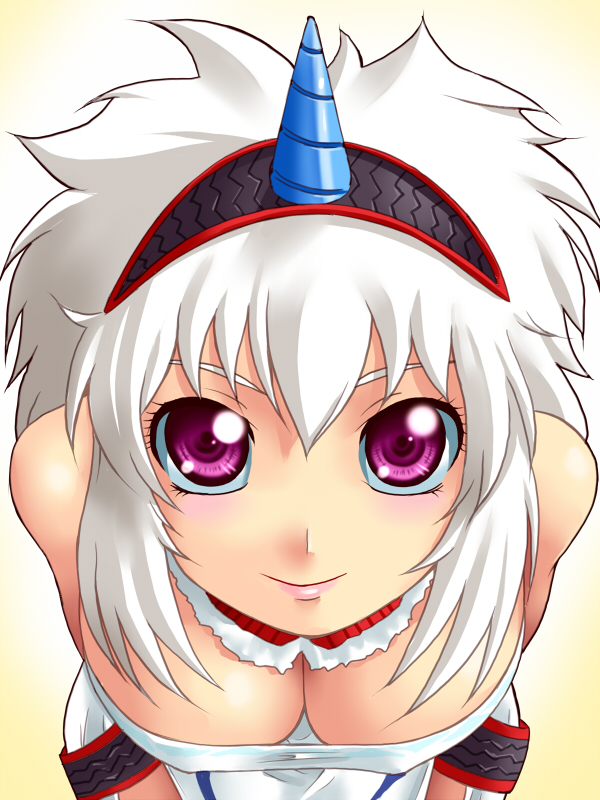 yaso shigeru, capcom, monster hunter (series), 1girl, breasts, cleavage, female focus, hairband, horns, kirin (armor), long hair, purple eyes, single horn, smile, solo, white hair