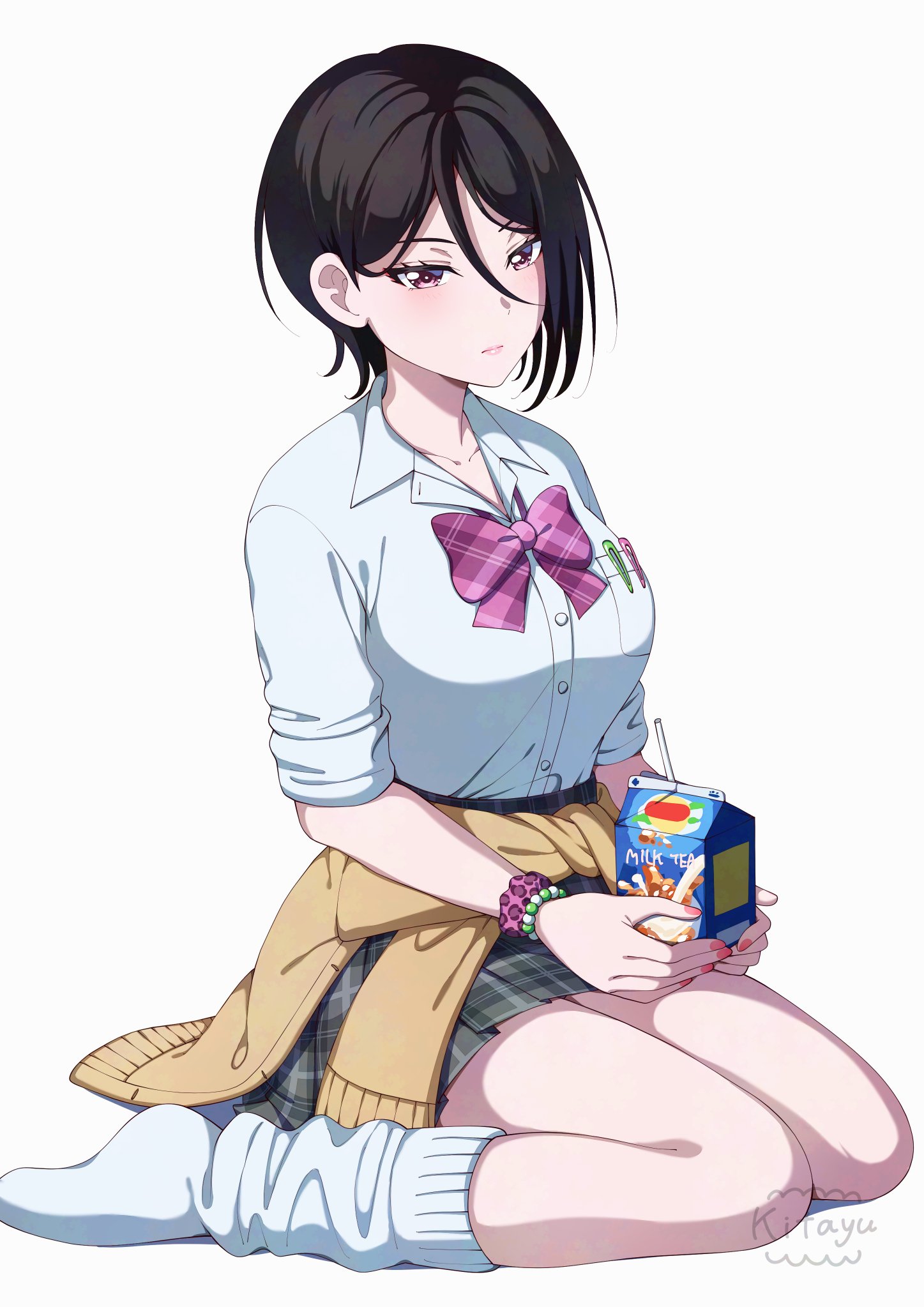 kitayu, yashio rui, bang dream!, highres, 1girl, bow, bracelet, breasts, brown jacket, holding, jacket, jewelry, large breasts, looking at viewer, milk carton, pen, purple eyes, school uniform, shirt, short hair, simple background, sitting, skirt, solo, striped clothes, striped shirt, white background, white shirt
