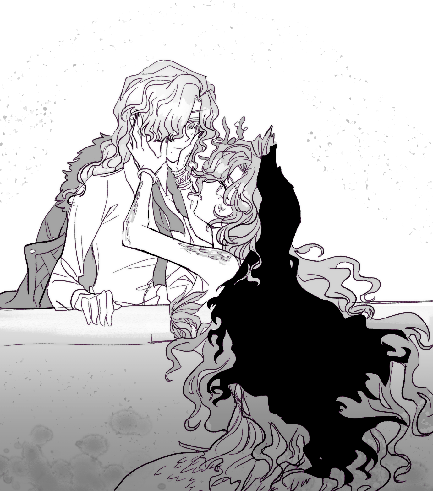 vila (reverse:1999), windsong (reverse:1999), reverse:1999, highres, 2girls, bare arms, bracelet, coat, coat on shoulders, collared shirt, eye contact, face-to-face, greyscale, hair over one eye, hand on railing, hands on another's face, jewelry, jinjjappang, long hair, looking at another, mermaid, monochrome, monster girl, multiple girls, necktie, official alternate costume, one eye covered, profile, scales, shirt, strapless, sweat, tube top, upper body, veil, very long hair, wavy hair, white background