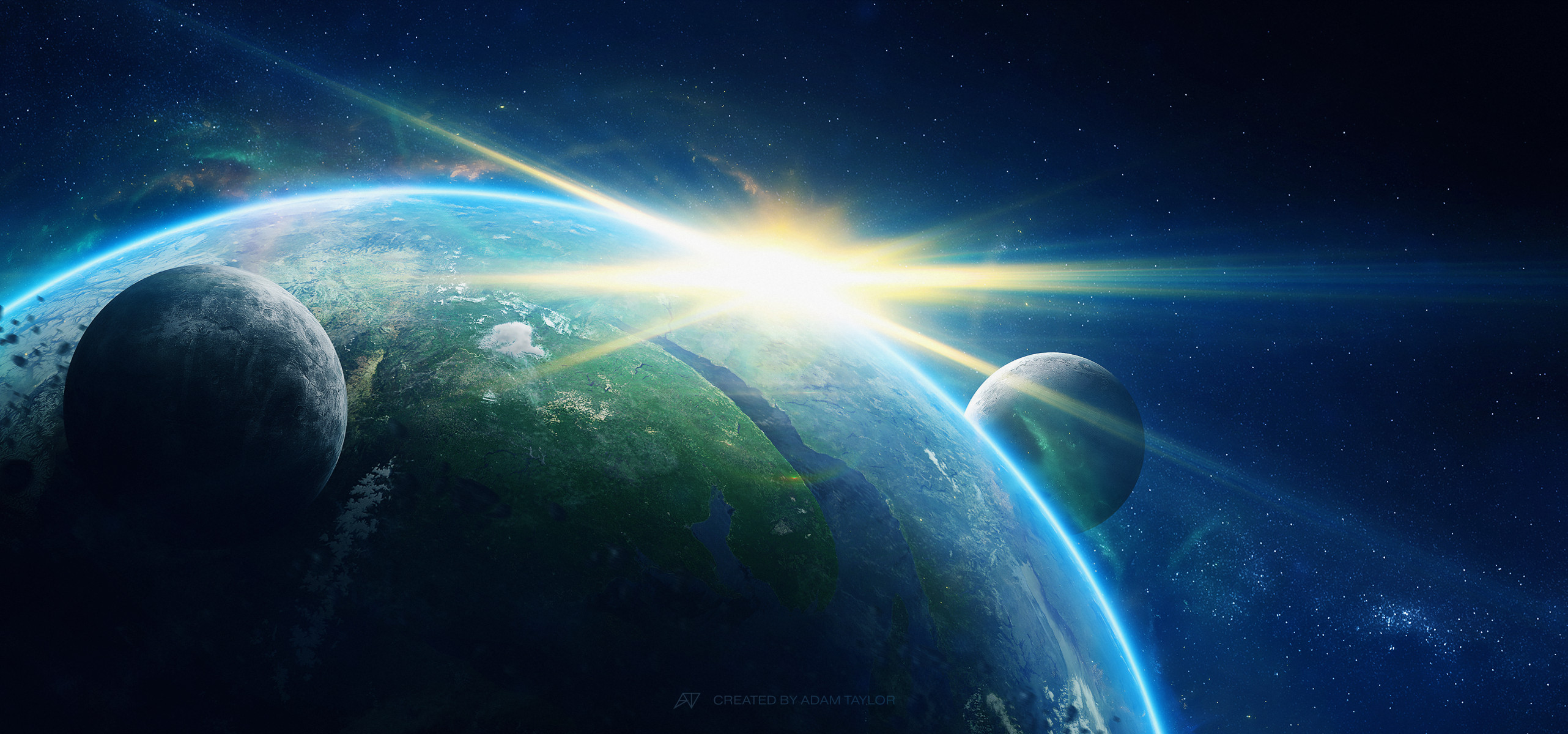 theadamtaylor, original, highres, atmospheric layer, galaxy, in orbit, moon, no humans, ocean, planet, scenery, science fiction, sky, space, star (sky), starry sky, sun
