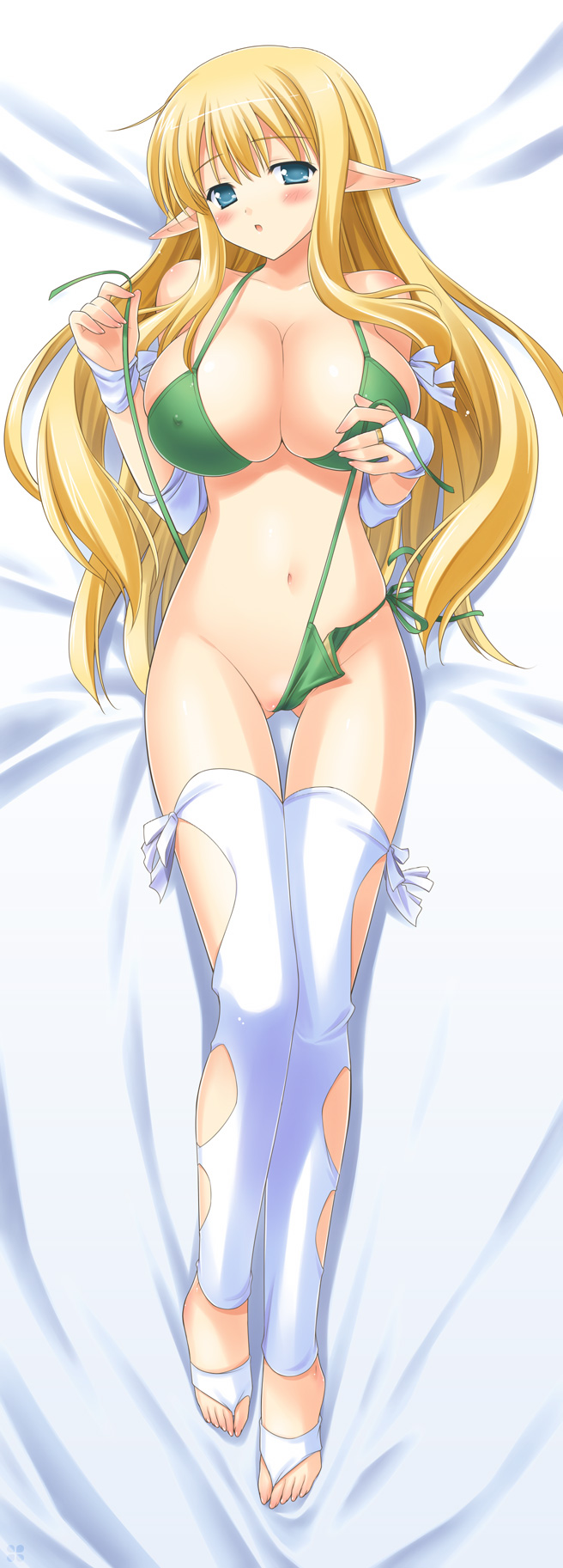 goma satoshi, tiffania westwood, zero no tsukaima, highres, long image, tall image, 00s, 1girl, barefoot, bikini, bikini pull, blonde hair, blue eyes, blush, breasts, cameltoe, cleavage, clothes pull, dakimakura (medium), elf, female focus, full body, green bikini, huge breasts, large breasts, legs, long hair, lying, panties, panty pull, pointy ears, pussy, self wedgie, side-tie bikini bottom, solo, swimsuit, thighhighs, toeless legwear, toes, underwear, undressing, untied bikini, wedgie