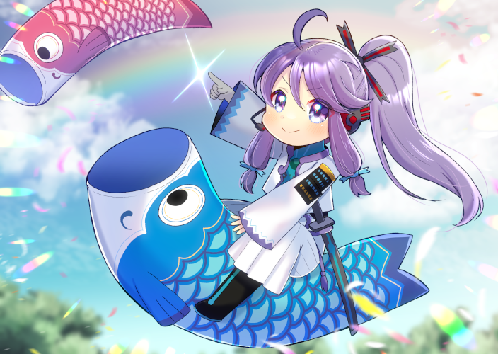 kou hiyoyo, kamui gakupo, vocaloid, commentary request, >:), 1boy, ahoge, black boots, blue sky, boots, chibi, closed mouth, cloud, day, hair between eyes, jacket, koinobori, male focus, mini person, miniboy, open clothes, open jacket, outdoors, outstretched arm, pants, pointing, ponytail, purple eyes, purple hair, rainbow, sitting, sky, sleeves past wrists, smile, solo, v-shaped eyebrows, white jacket, white pants, wide sleeves, windsock