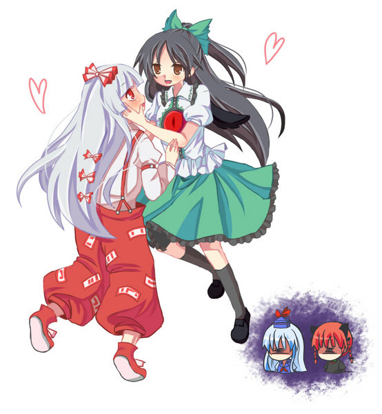 ame, fujiwara no mokou, kaenbyou rin, kamishirasawa keine, reiuji utsuho, touhou, jpeg artifacts, 4girls, braid, female focus, heart, jealous, multiple girls, simple background, yuri