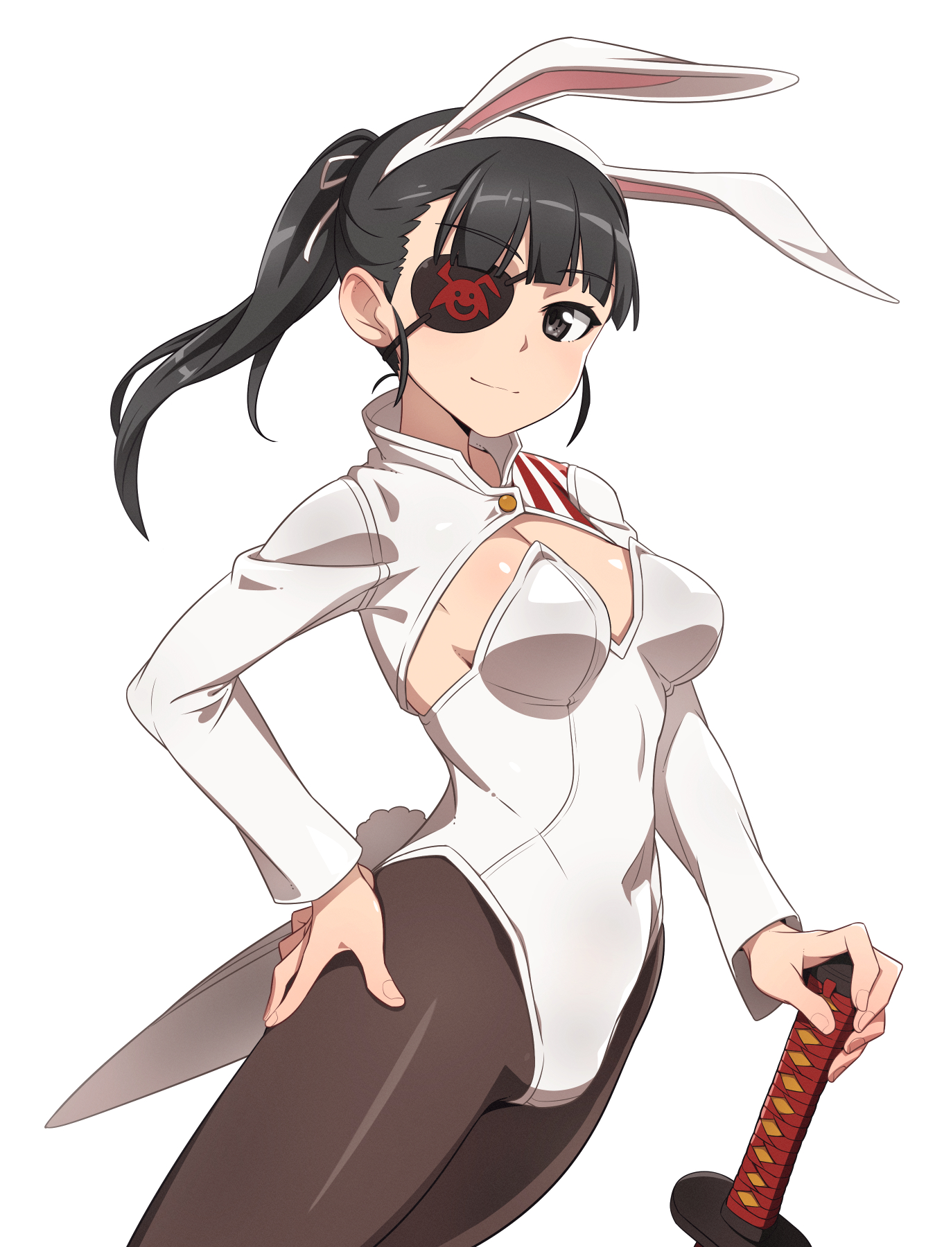nanashino, sakamoto mio, strike witches, world witches series, highres, 1girl, alternate costume, animal ears, black eyes, black hair, black pantyhose, breasts, eyepatch, fake animal ears, feet out of frame, holding, holding sword, holding weapon, katana, large breasts, leotard, long hair, looking at viewer, pantyhose, playboy bunny, rabbit ears, solo, standing, sword, weapon, white leotard