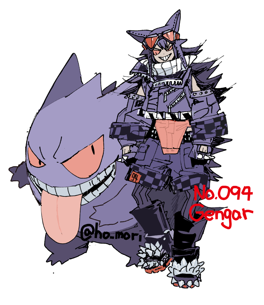 harurie, gengar, nintendo, pokemon, highres, 1girl, :p, boots, character name, creature and personification, cropped jacket, detached sleeves, full body, gen 1 pokemon, ghost, goggles, goggles on headwear, grin, hat, jacket, looking at another, pantyhose, pantyhose under shorts, personification, pokedex number, pokemon (creature), purple boots, purple hair, purple hat, purple jacket, purple shorts, red eyes, scarf, shorts, simple background, smile, spiked boots, spiked hair, standing, tongue, tongue out, white background, white scarf
